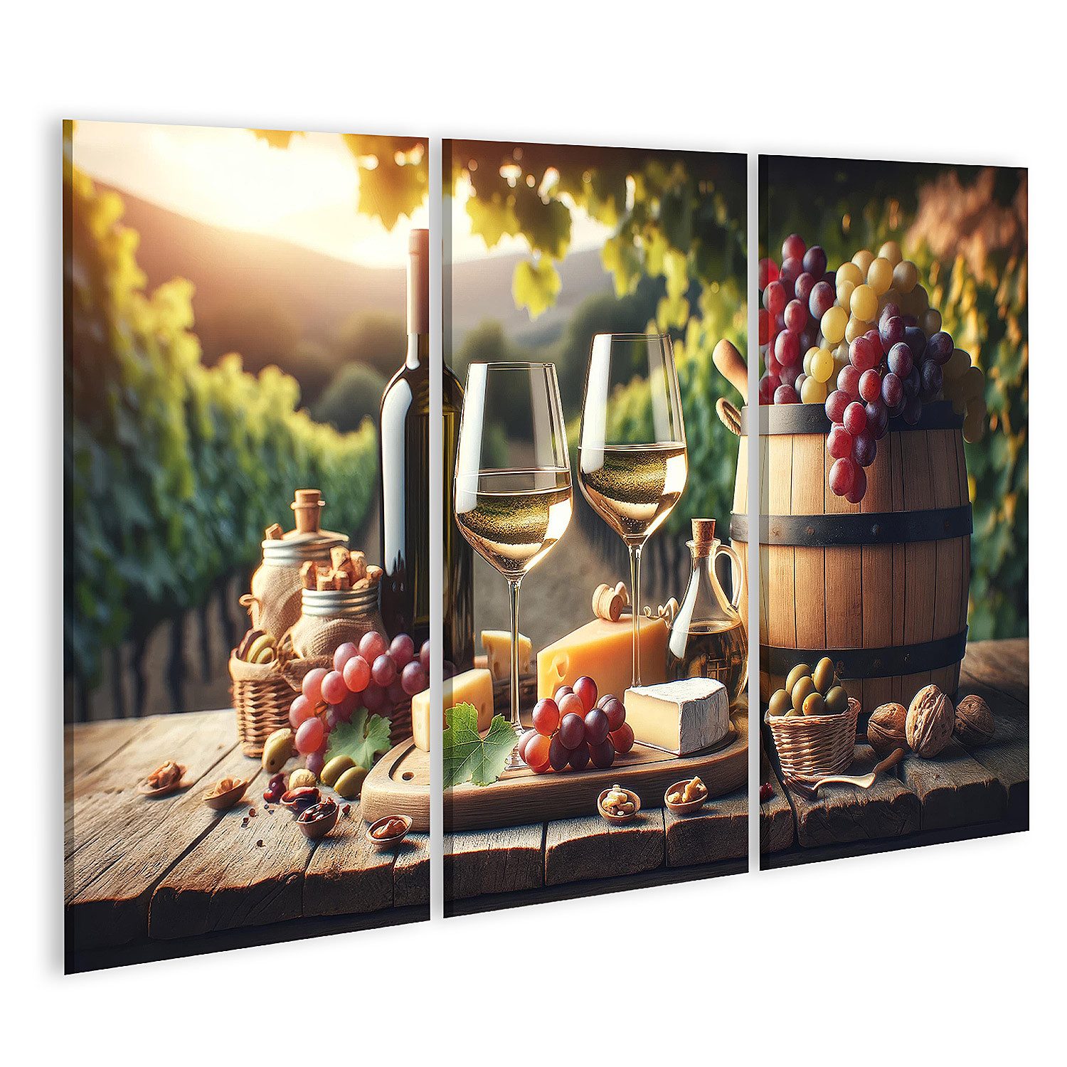 Leinwandbild Weinverkostungserlebnis - Elegante Gläser und Flaschen, Fass mit Traub