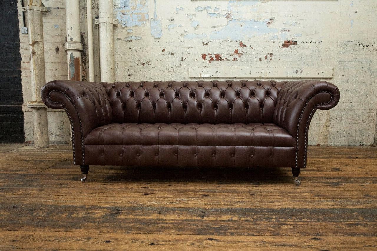 3-Sitzer Design Chesterfield Sofa in Braun mit Leder Wohnzimmer