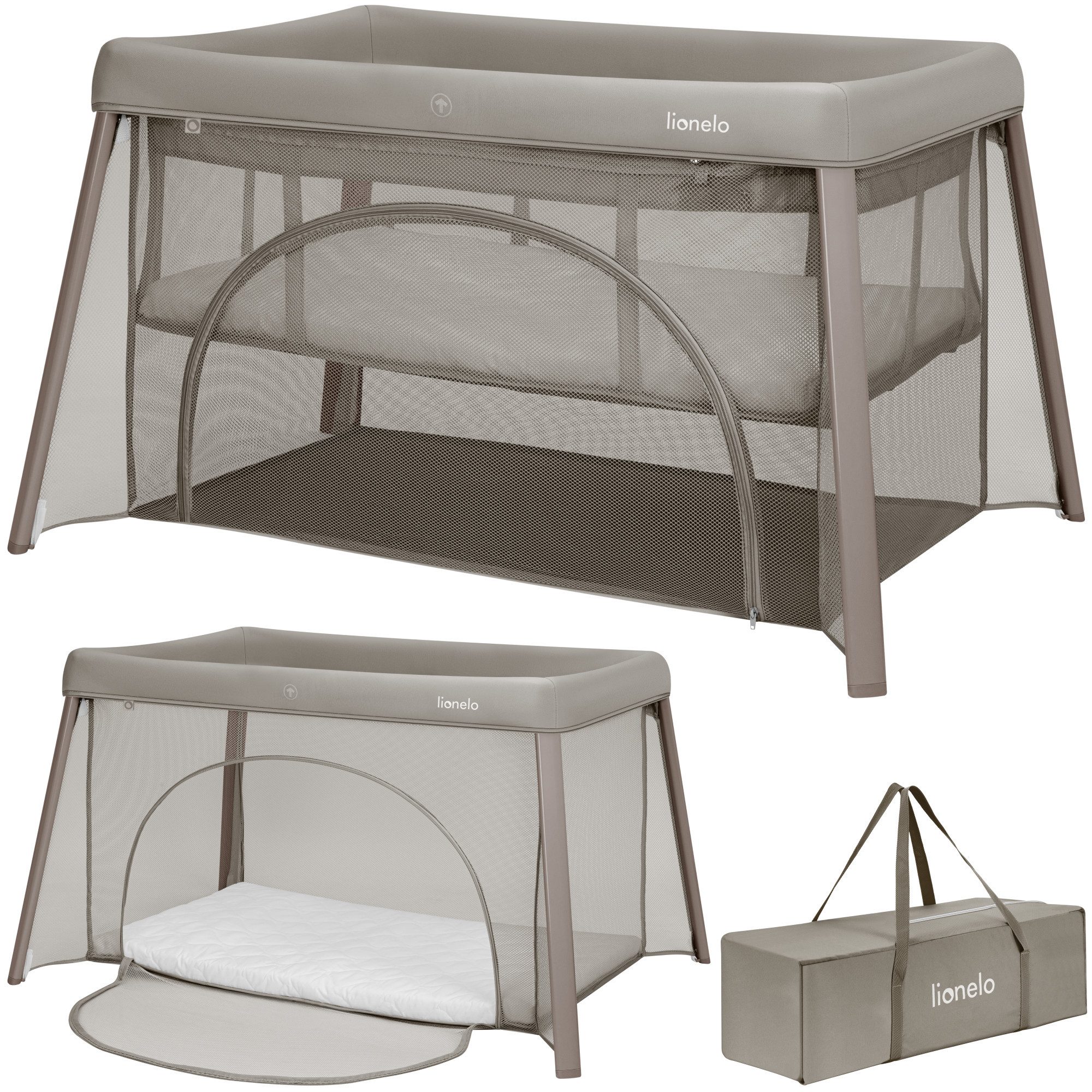 lionelo Baby-Reisebett MILA, 2in1/4-cm-Matratze/2 Höhen/360°-Netz/Tasche