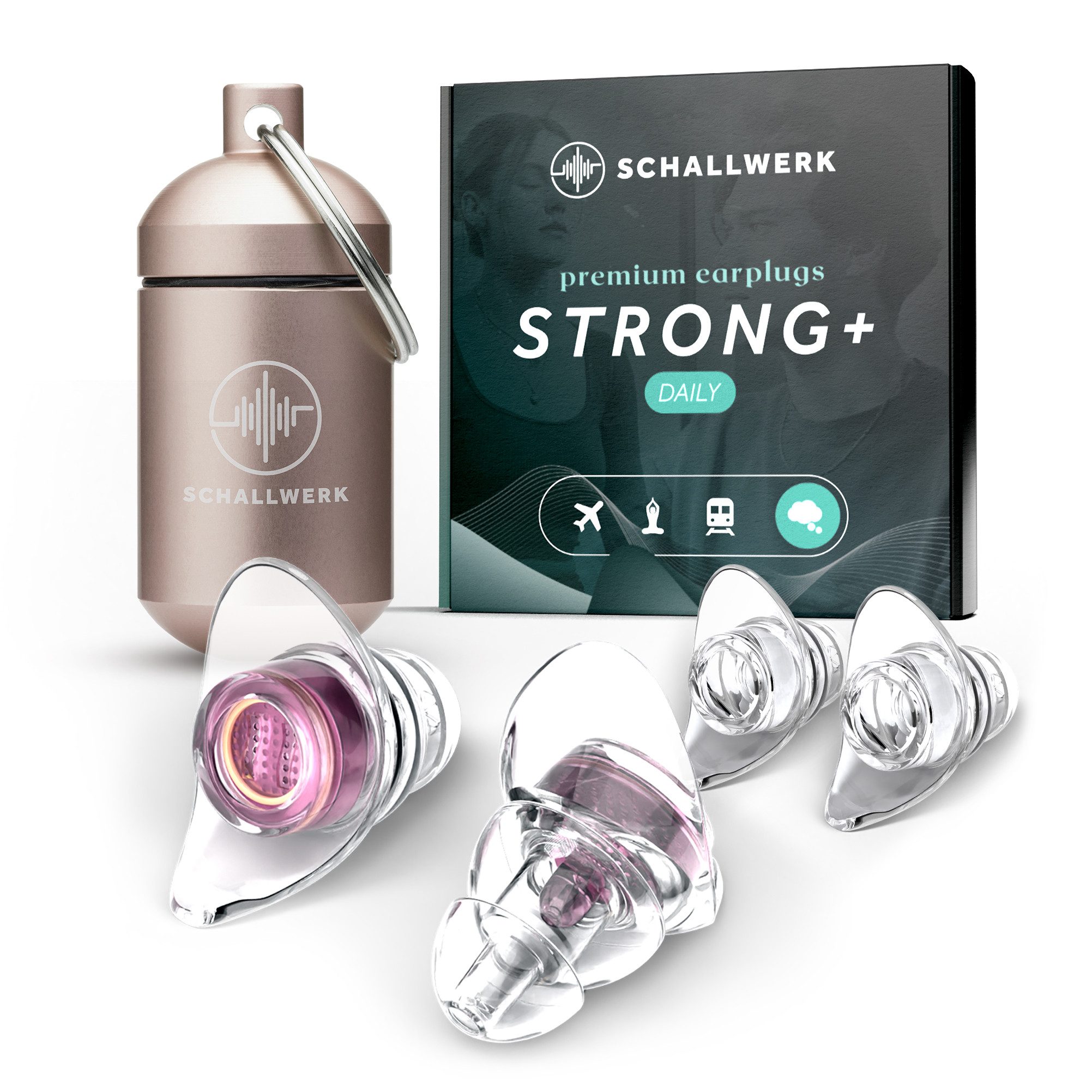 Schallwerk Gehörschutzstöpsel Strong+ Daily Ohrstöpsel dämpfen Lärm & erhalten Tonqualität, Ohrenstöpsel transparent mit Aufbewahrungsdose