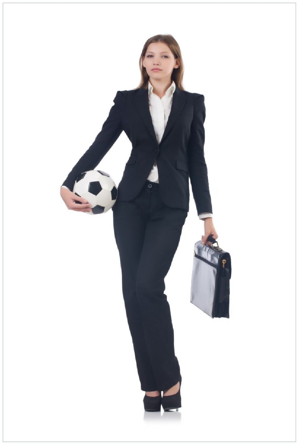 Wallario Poster, Fußball Business - Geschäftsfrau mit Ball und Aktentasche, in verschiedenen Ausführungen