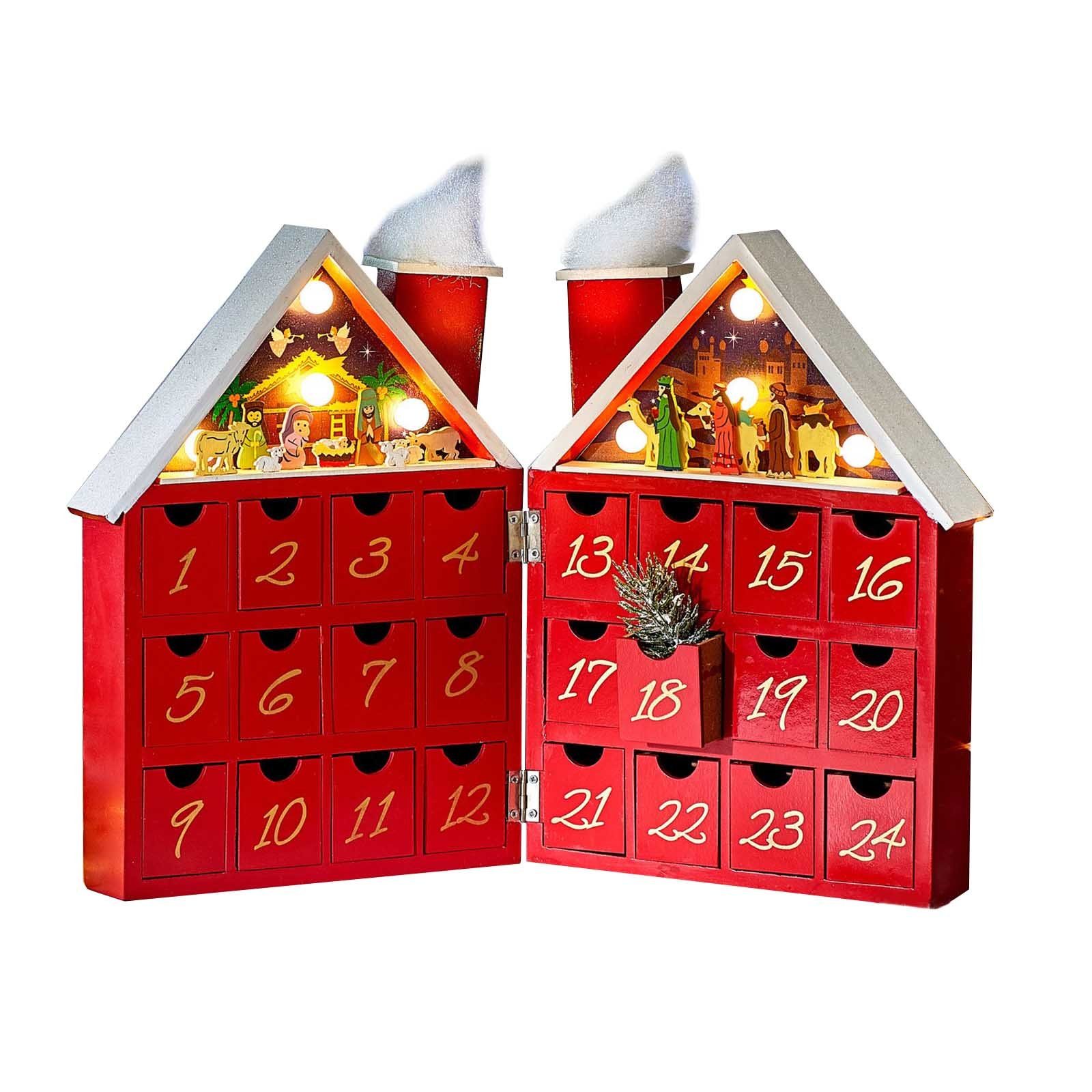 HAC24 LED Dekoobjekt Weihnachtskalender Krippenszene Weihnachtsdeko, aus Holz mit Musik und LED-Licht