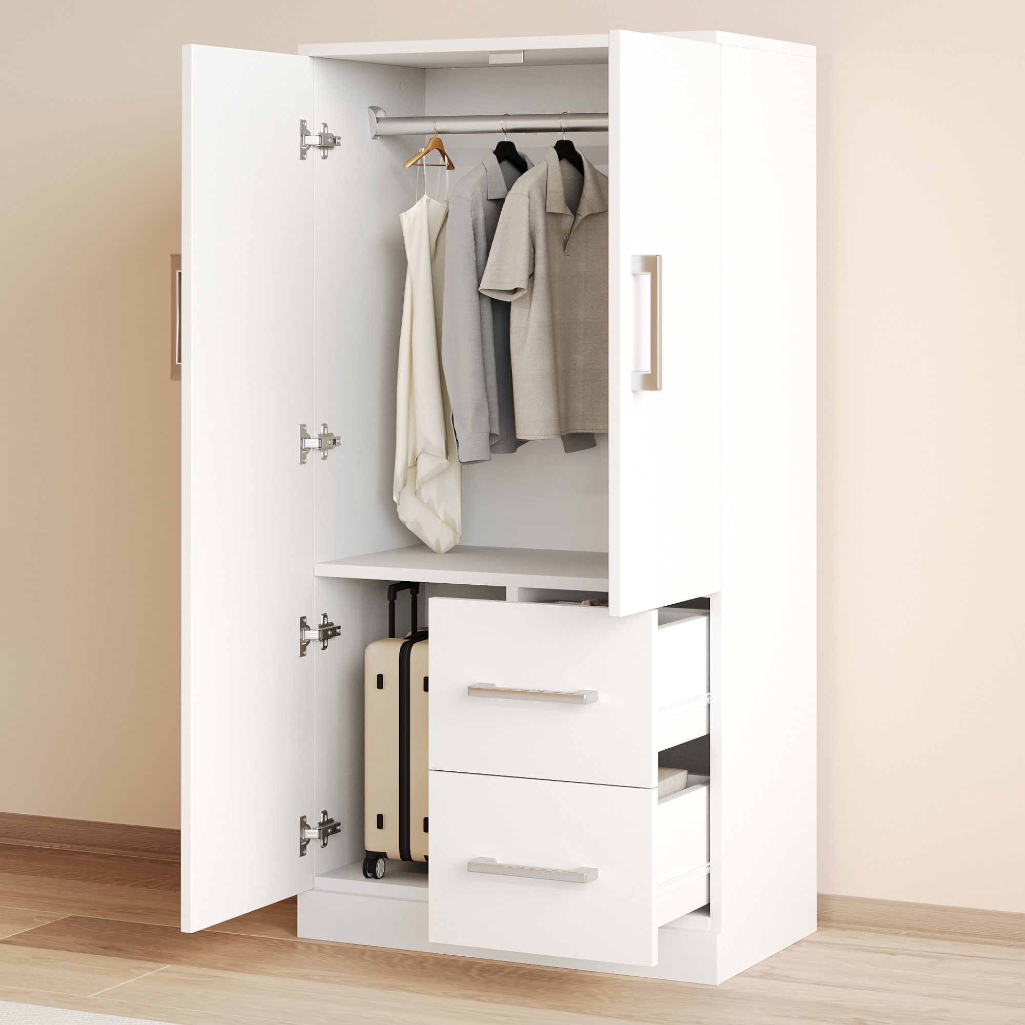 i@home Kleiderschrank Doppeltür mit 2 Schubladen & Stauraum (70x40x135 cm, Kinder- & Einzelkleiderschrank) Ideal für Hochbett, Studentenzimmer, kleine Räume