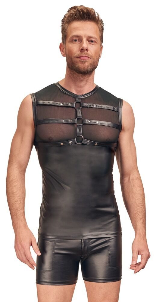 NEK Muskelshirt Ärmelloses Shirt halb transparent halb Mattlook - schwarz (1-tlg) Front mit aufgestepptem Brust-Harness