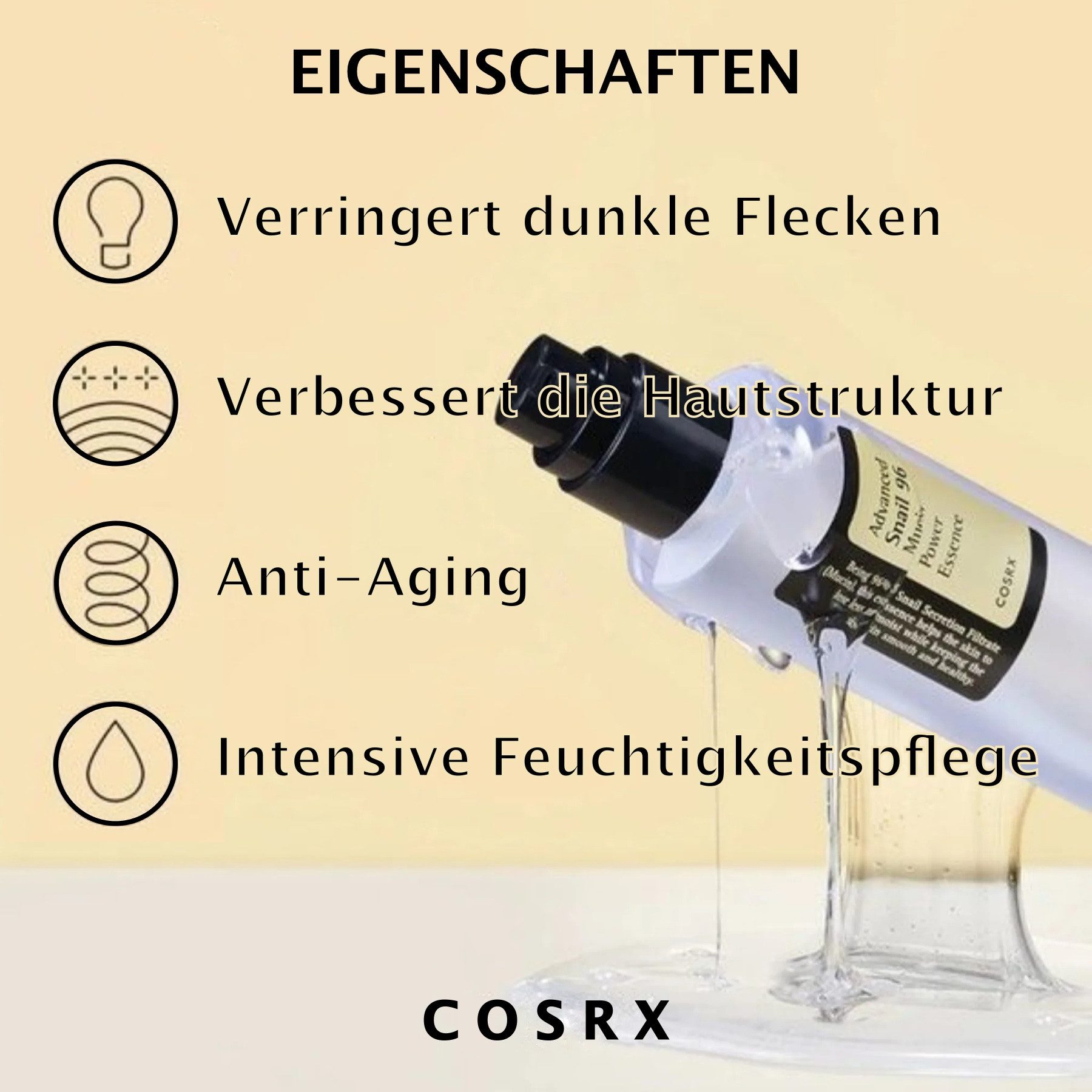 Cosrx Gesichtsserum Anti-Aging Schneckenschleim Hyaluron Advanced Snail 96 Mucin Essence, 1-tlg., Feuchtigkeitscreme, Rötung, Straffung