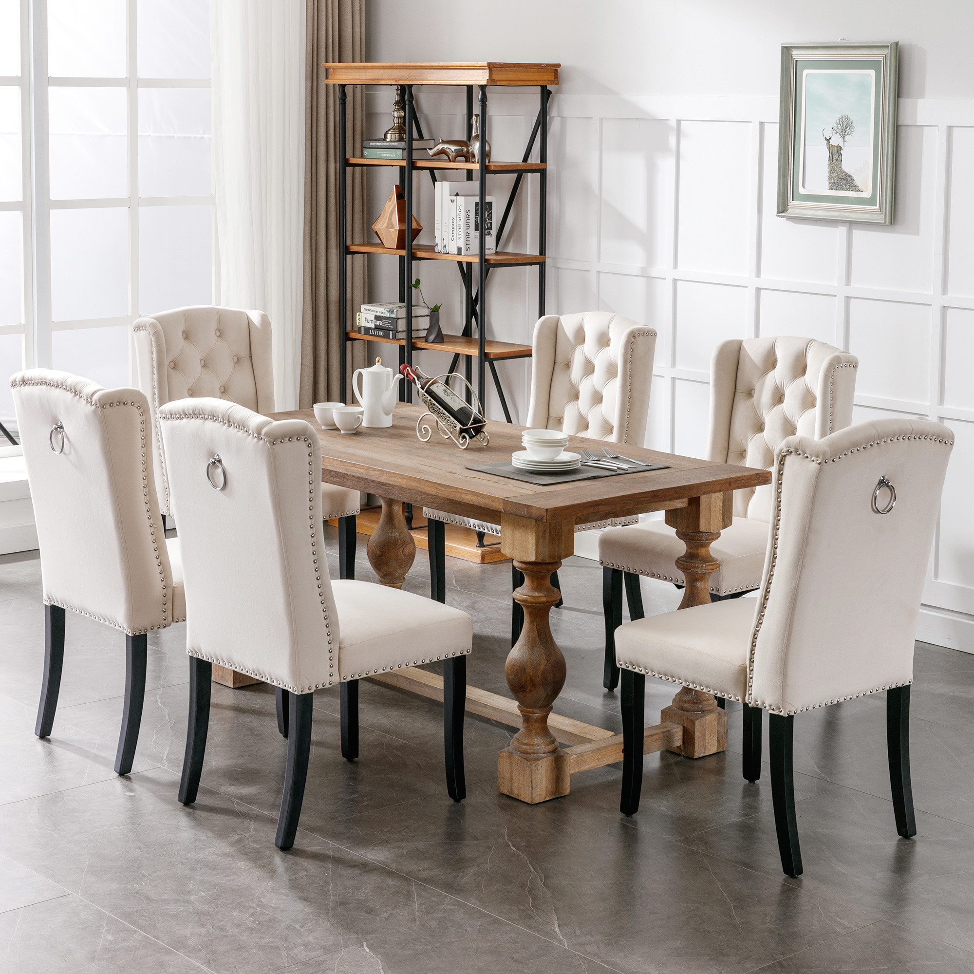 BlingBin Esszimmerstuhl 2er Set Freizeitstuhl, Samt Esszimmerstühle mit Eichenbeinen, Knopf (Chrom Klopfer und Nagelkopf Besatz, 1 St), Schlafzimmerstuhl Küchenstuhl Wohnzimmer Lounge, Beige