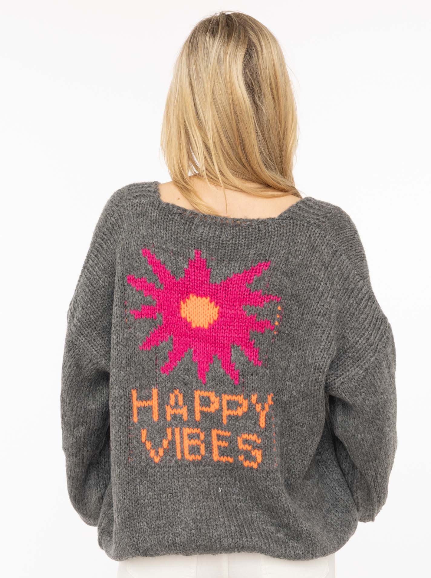 Zwillingsherz Cardigan "Happy Vibes" Knopfleiste, großes Motiv mit Blume und Schrift hinten, One Size