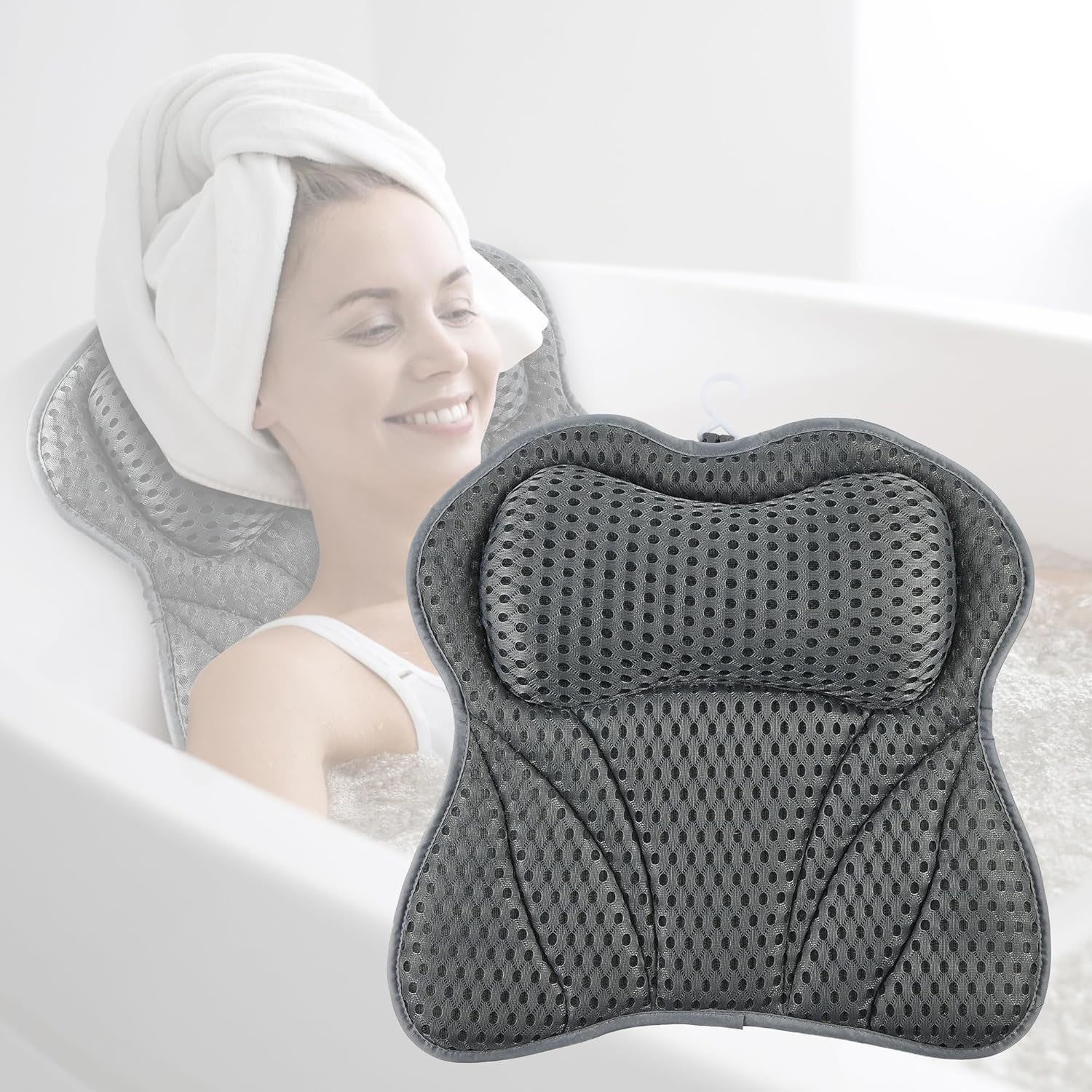 HEYHIPPO Badewannenkissen Badewannenkissen 4D Mesh,ergonomisch,Schmetterlingsform,42×43×6cm grau, Atmungsaktives Badezimmerkissen, leicht zu reinigen, entspannendes Bad, Mit Haken6 Saugnäpfen, rutschfest, maschinenwaschbar,schnelltrocknend