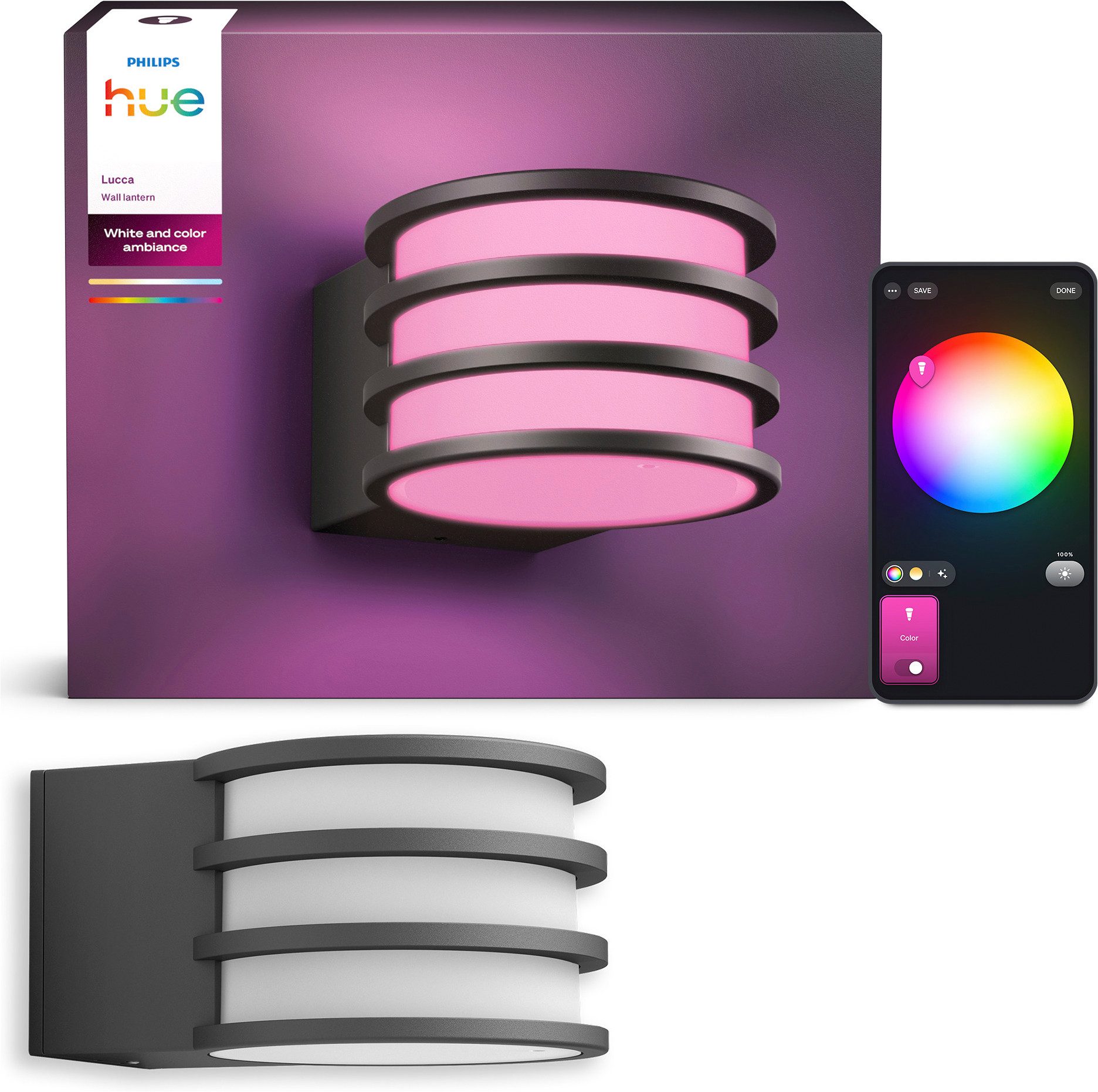 Philips Hue LED Außen-Wandleuchte Lucca White & Color Ambiance, Abschaltautomatik, Bluetooth, CCT - über Fernbedienung, Dimmer, Dimmfunktion, Einschlafhilfe, Farbsteuerung, Farbwechsel, Memoryfunktion, Nachtlichtfunktion, RGB, Smart Home, Tageslichtsensor, Timerfunktion, dimmbar über Fernbedienung, mehrere Helligkeitsstufen, LED fest integriert, Farbwechsler, dimmbar, 1100 Lumen, Smart-Home fähig, steuerbar per App, IP44