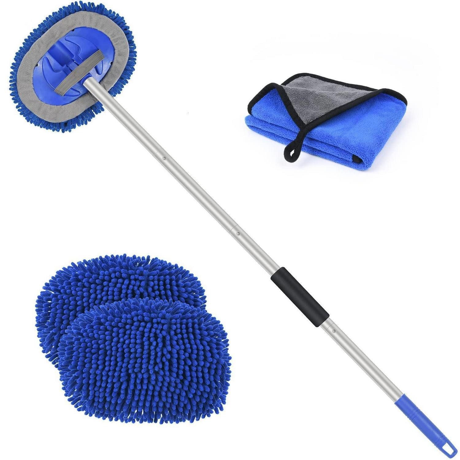 LuxusKollektion Autowaschbürste Autowaschbürste Teleskop 160cm 3in1 2 Moppköpfe Mikrofaser Dunkelblau