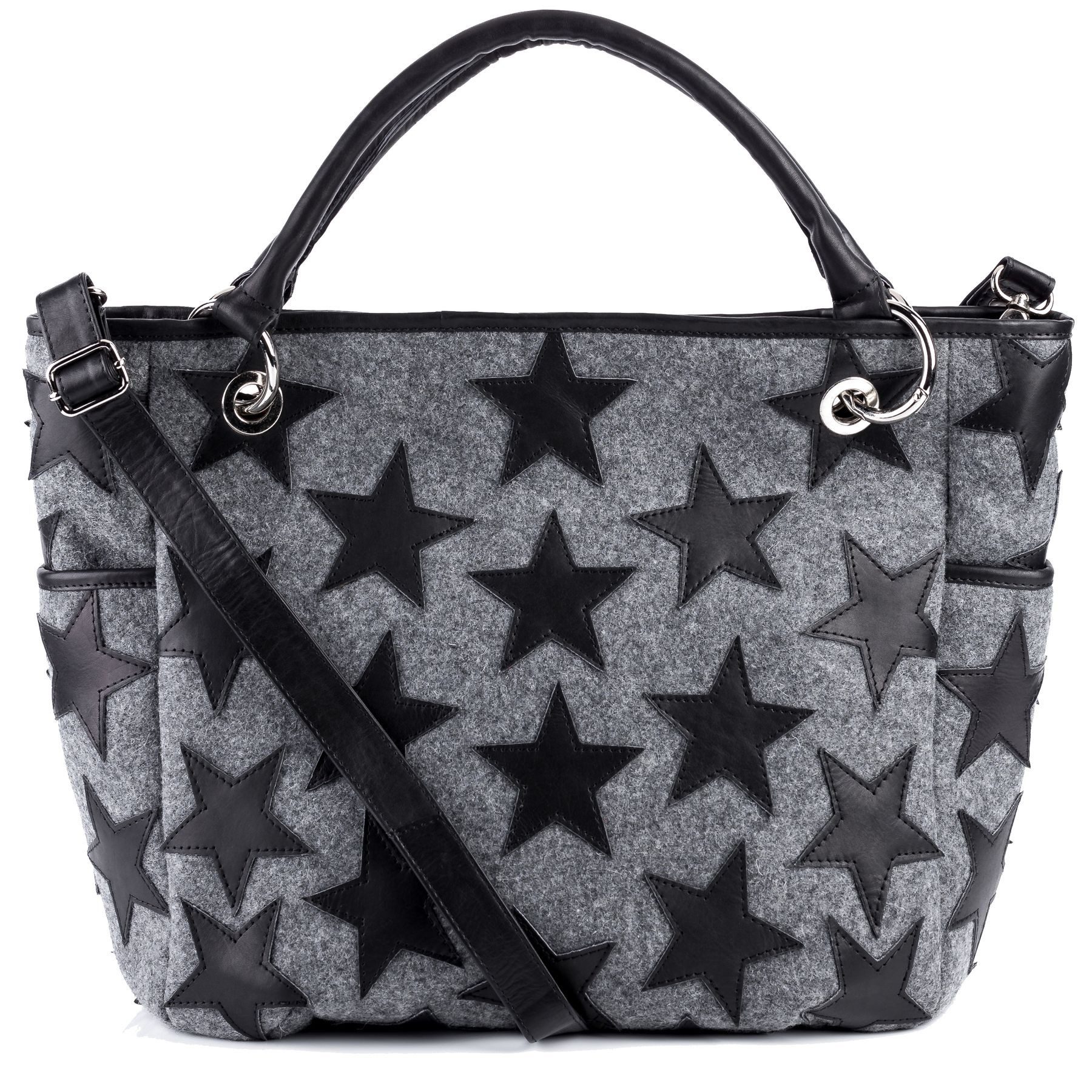 FEYNSINN Umhängetasche echt Leder Handtasche Schultertasche groß STARS, Schultertasche Filz Echtleder für Damen, Shopper schwarz-grau