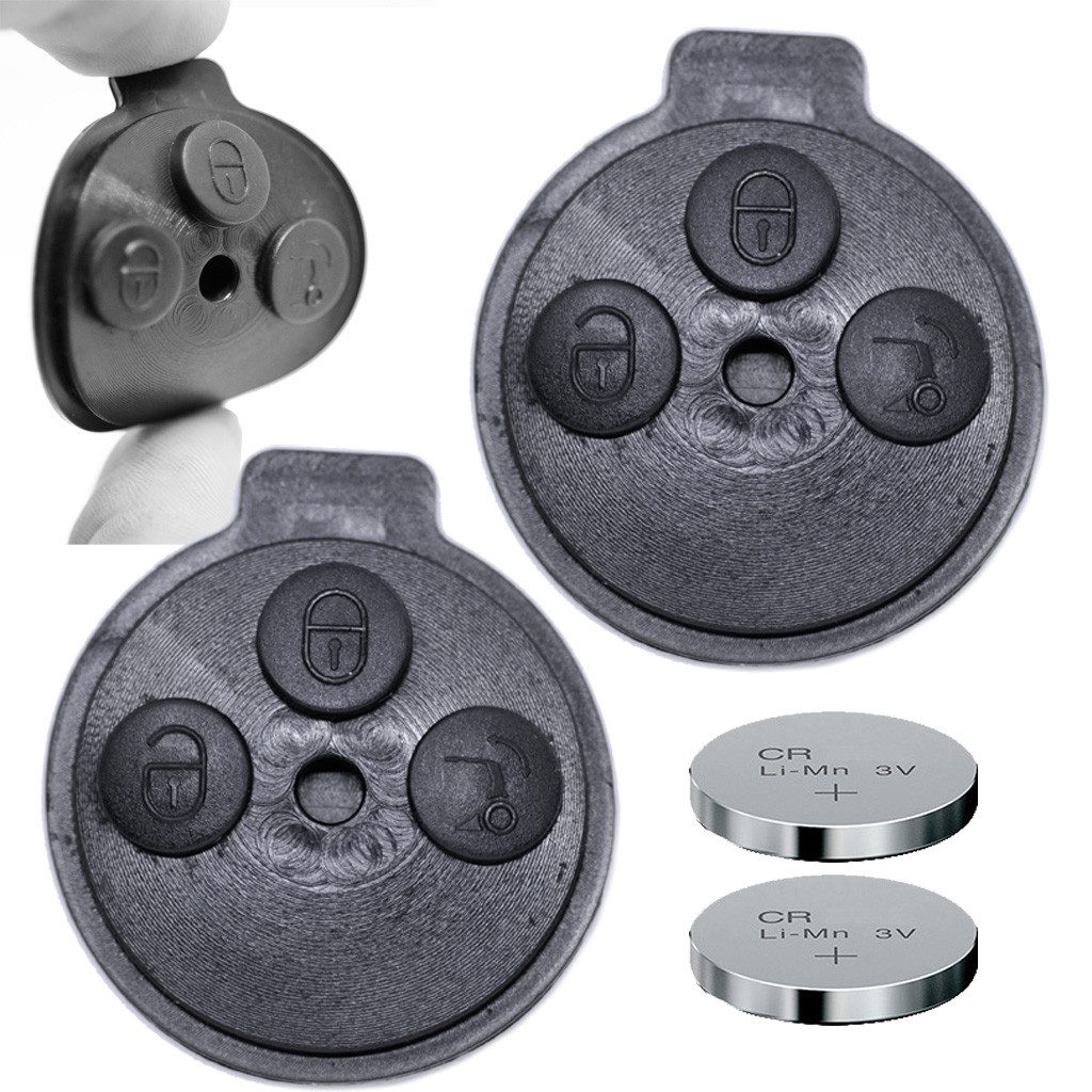mt-key 2X Auto Schlüssel Tastenfeld Gummi + 2X passende CR2016 Knopfzelle, CR2016 (3 V), für Smart 451 Funk Fernbedienung