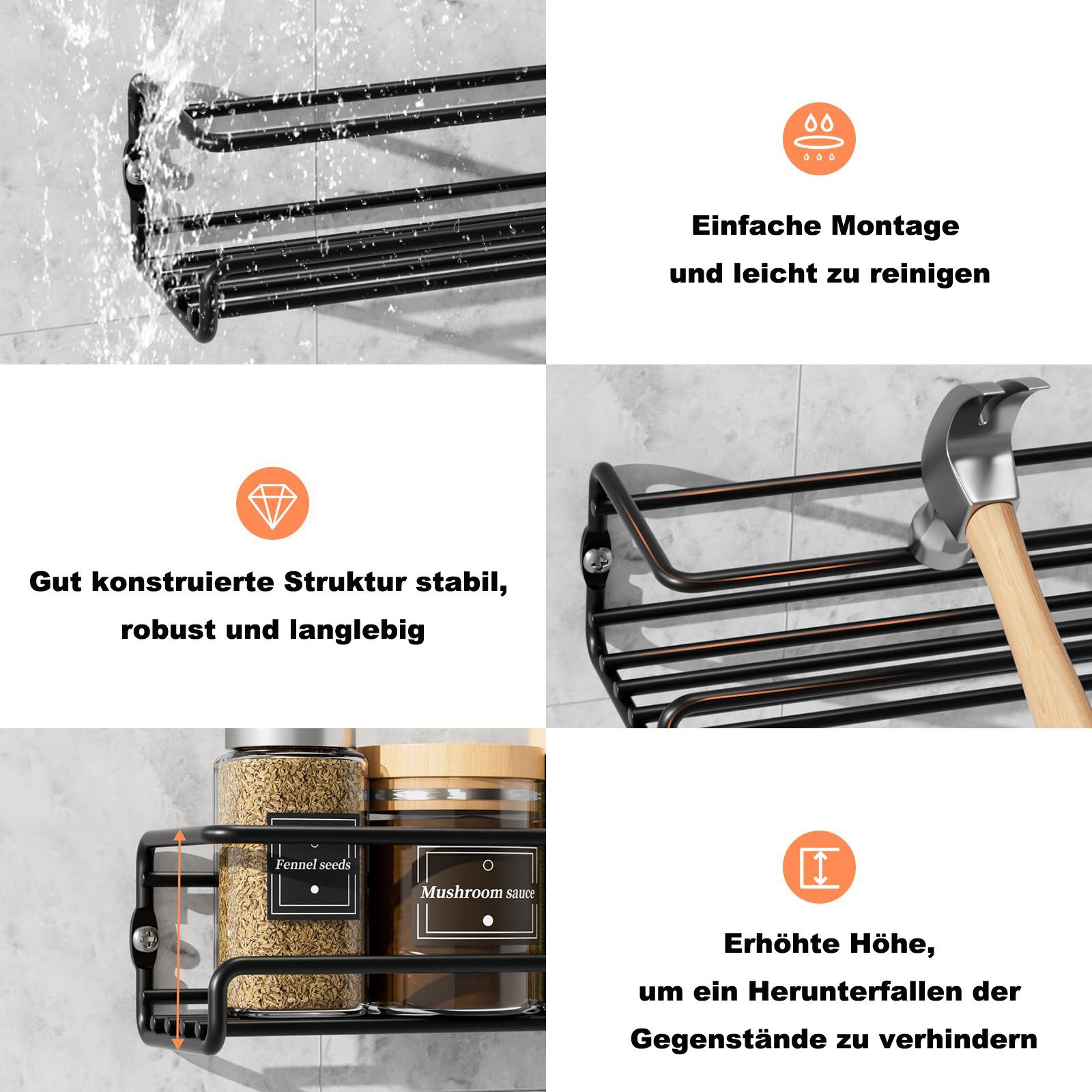 Agger Gewürzregal Wandgewürzregal 2er-Set hängender Metall-Gewürzhalter, 2-tlg., mit selbstklebend und Schrauben, für Gewürzgläser, Küchenschrank – Bild 5 von 5