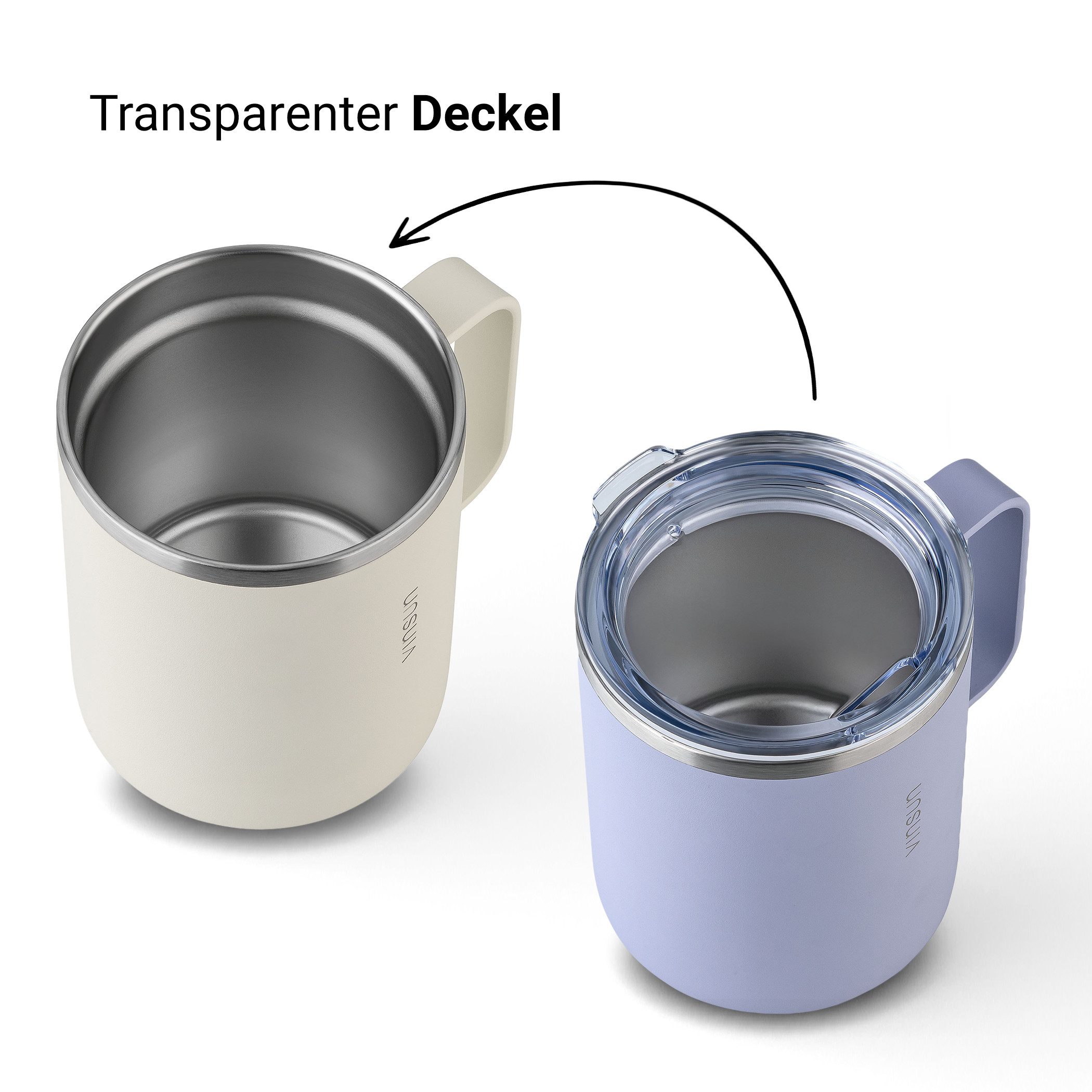 Vinsun Thermobecher Edelstahl Isolierbecher 350ml - Kaffeebecher mit Henkel und Deckel, 2-tlg., Edelstahl, Doppelwandig isoliert, BPA frei, bruchfest, Kalt- und Heißgetränke