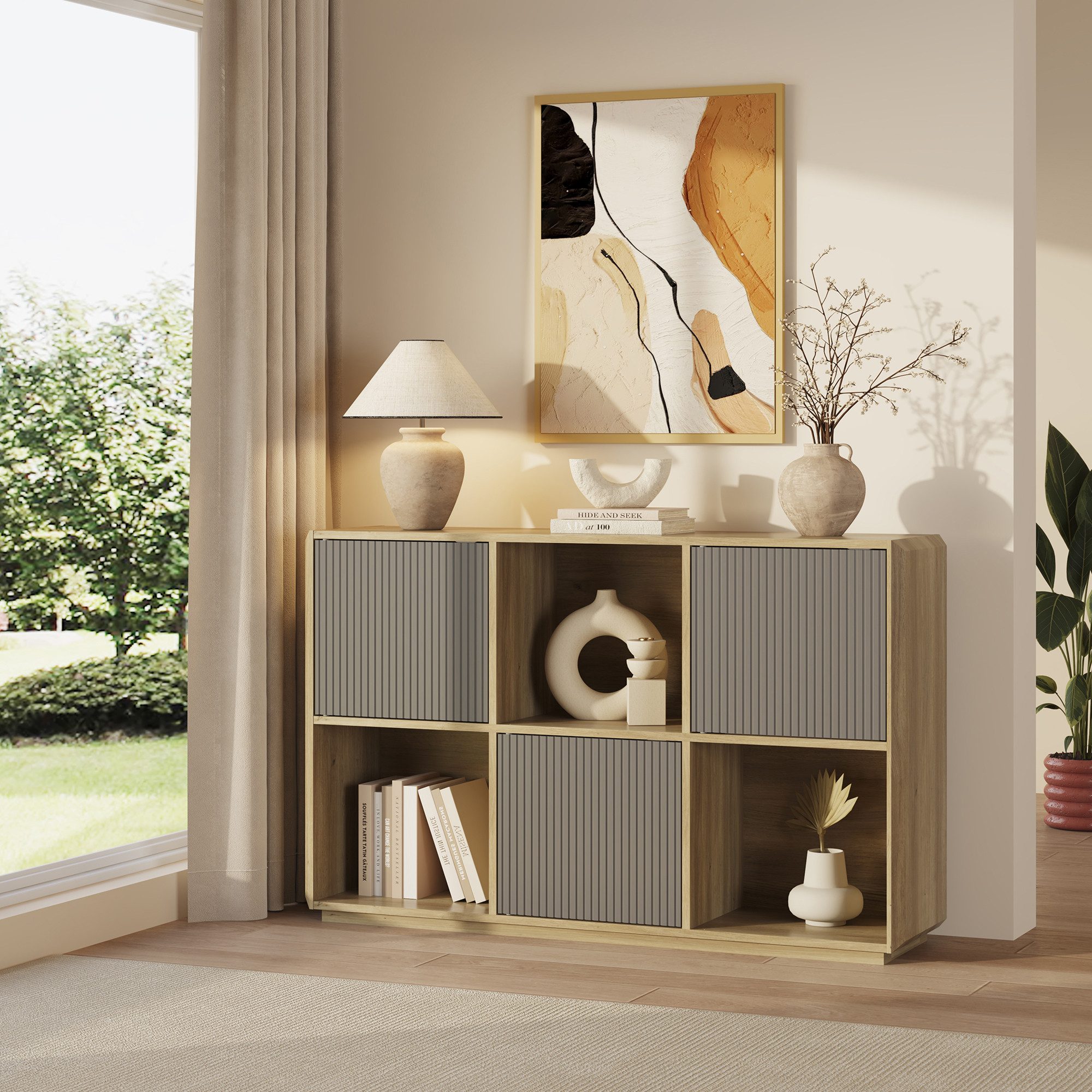 en.casa Sideboard, »Trömi« mit 3 Türen 75 x 120 x 30 cm Eicheoptik / Grau