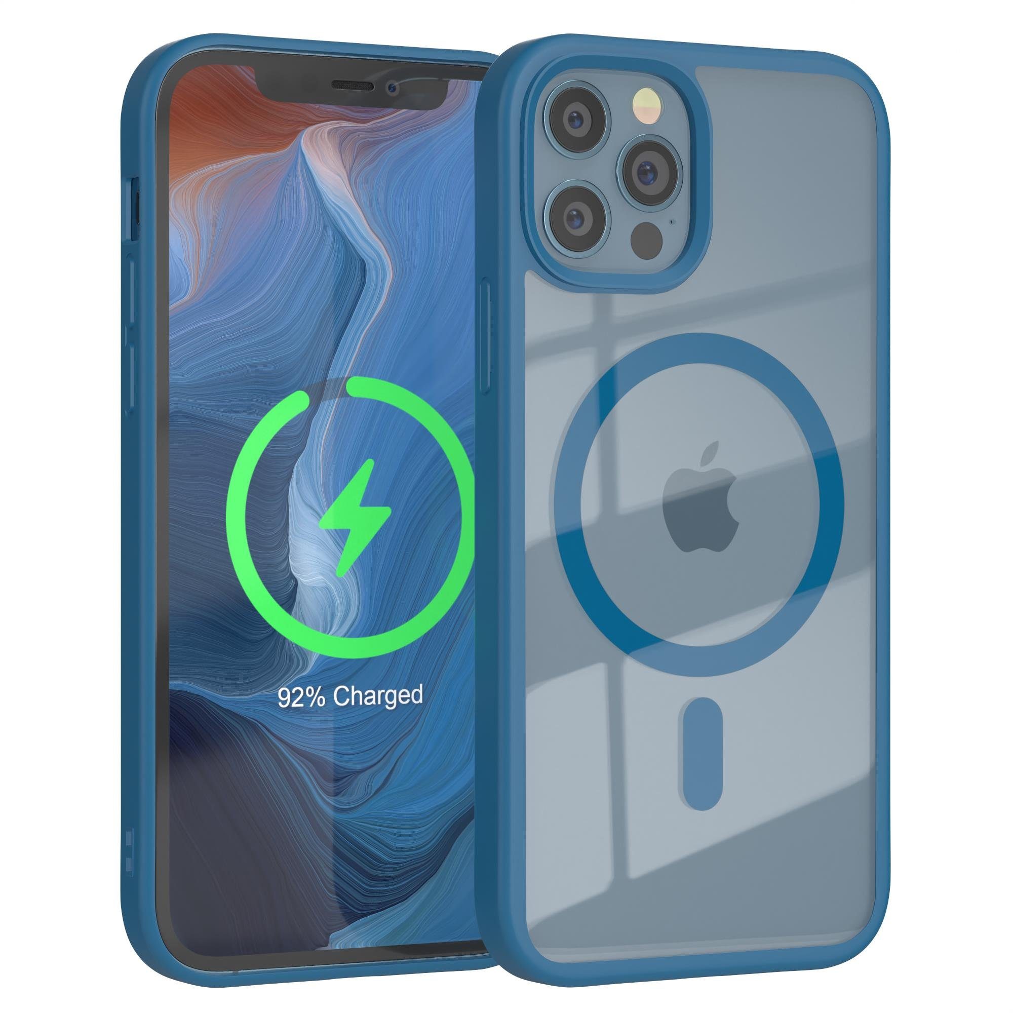 EAZY CASE Handyhülle Transparente Hülle mit MagSafe für iPhone 12 / Pro 6,1 Zoll, Silikon Handyhülle, Schutzhülle mit Kameraschutz, Etui magnetisch Blau