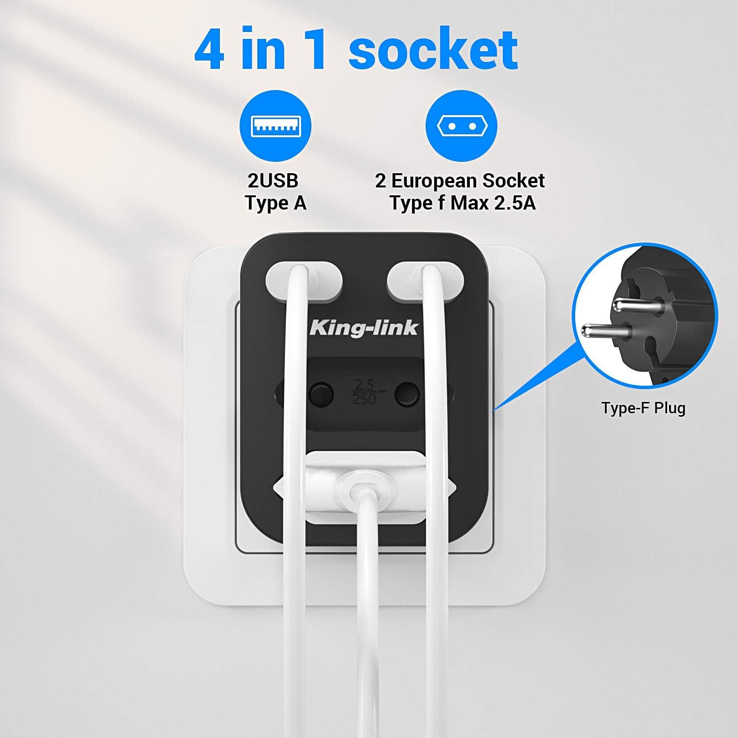 LA CUTE Doppelstecker 4-in-1 Mehrfachsteckdose USB 4000W Adapter Schwarz Mehrfachsteckdose 4-fach (2x Euro-Steckplätze (Typ C/EF), 2x USB-A Ports (5V/2,4A), Fla – Bild 3 von 5