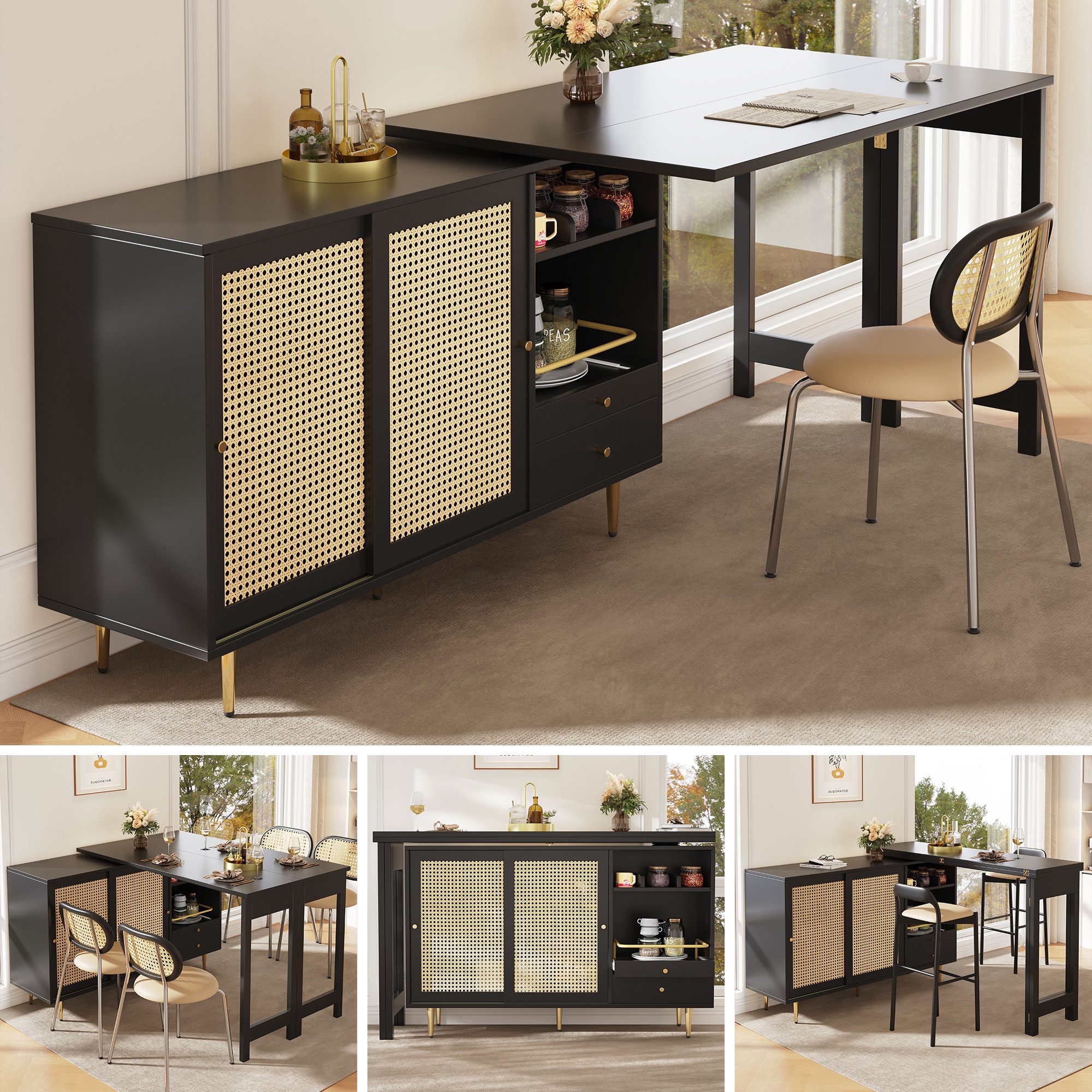 STILVORA Bartisch mit Tischplatte ausziehbar,Beistellschrank Küchenschrank 360° drehbar (Stehtisch Bistrotisch, Ausziehbarer Esstisch, 2 Rattantür, 2 Schubladen und offenes Lagerregal), mit erweiterbarem Stehtisch
