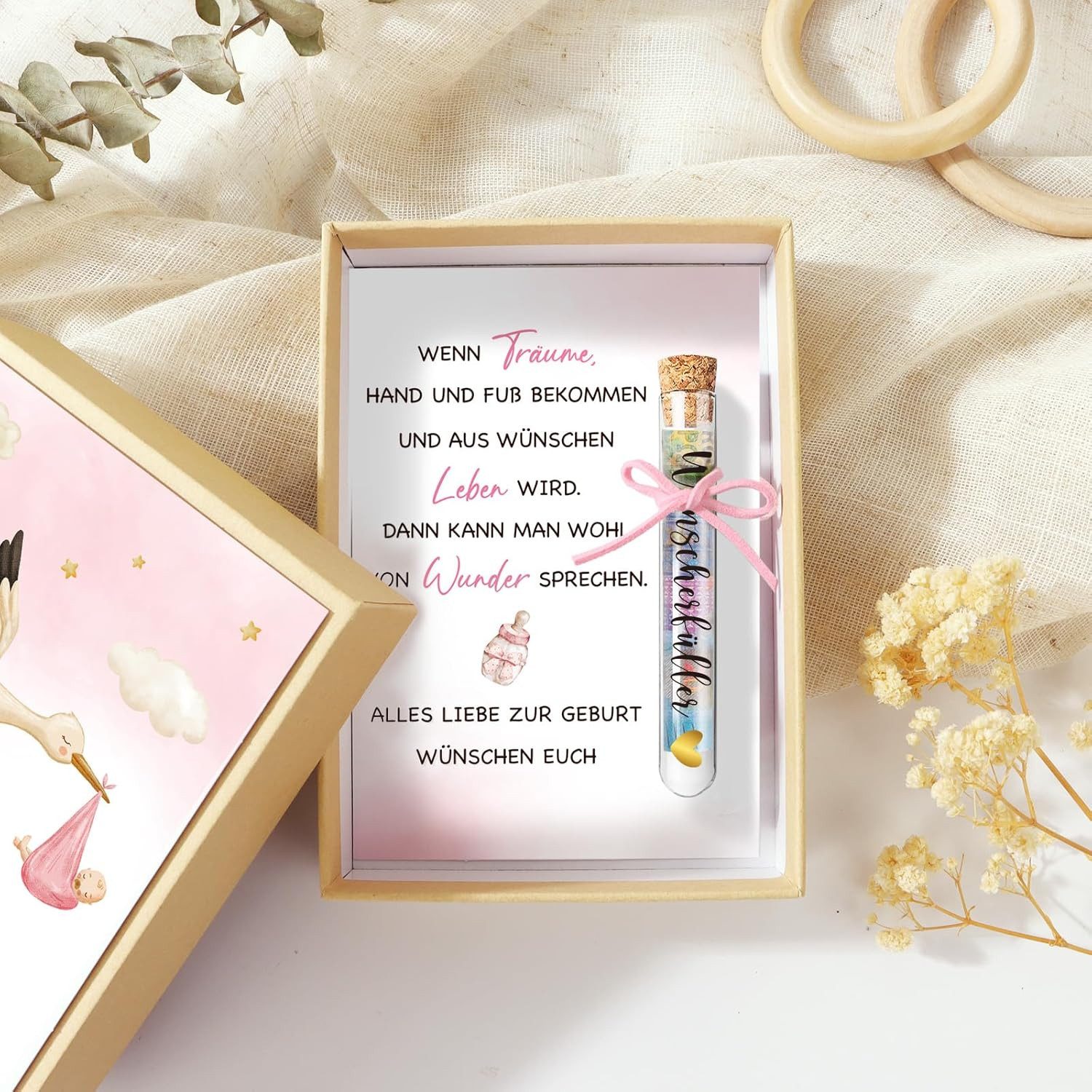Wiladu Spardose Wiladu Geburt Geschenk Reagenzglas Jutesäckchen Grußkarte