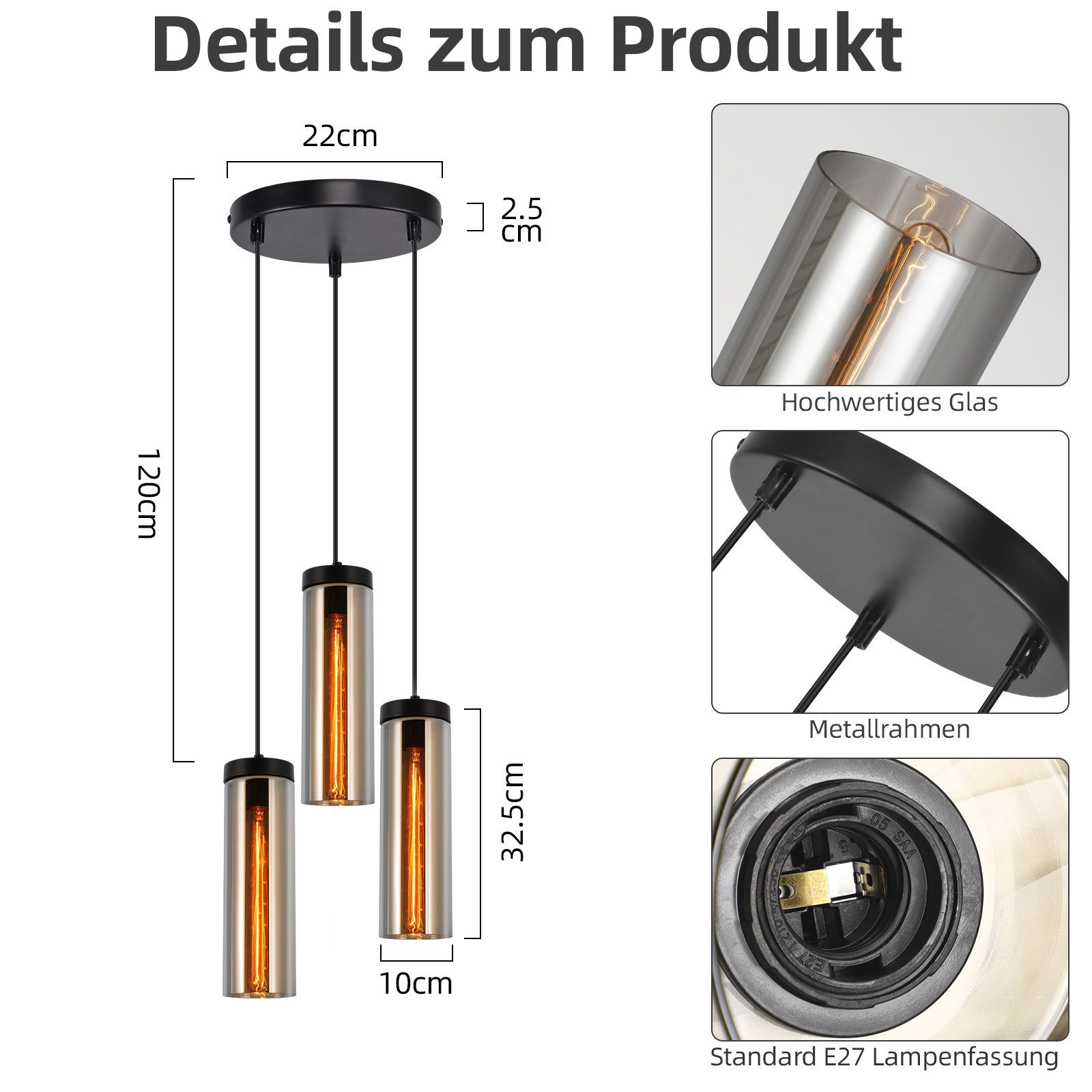 ZMH Pendelleuchte Esszimmer Schwarz - 3 Flammig E27 Glas Hängeleuchte für Wohnzimmer, Einfache Installation, ohne Leuchtmittel, 120CM Höhenverstellbar Esstischlampe für Küche Schlafzimmer