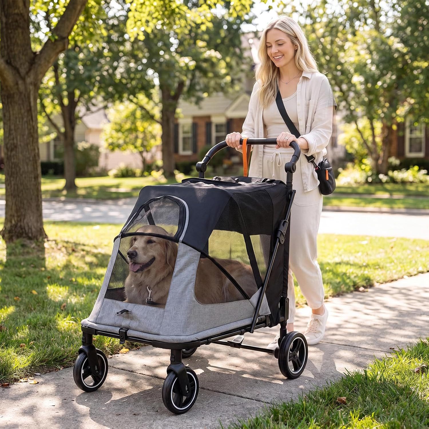 TLGREEN Hundebuggy Großer faltbarer Hundewagen bis 30 kg, (stabiler 4‑Räder Haustierwagen für große Hunde), All‑Terrain‑Räder, atmungsaktives Netzgewebe, Einhand‑Faltung,Stauraum
