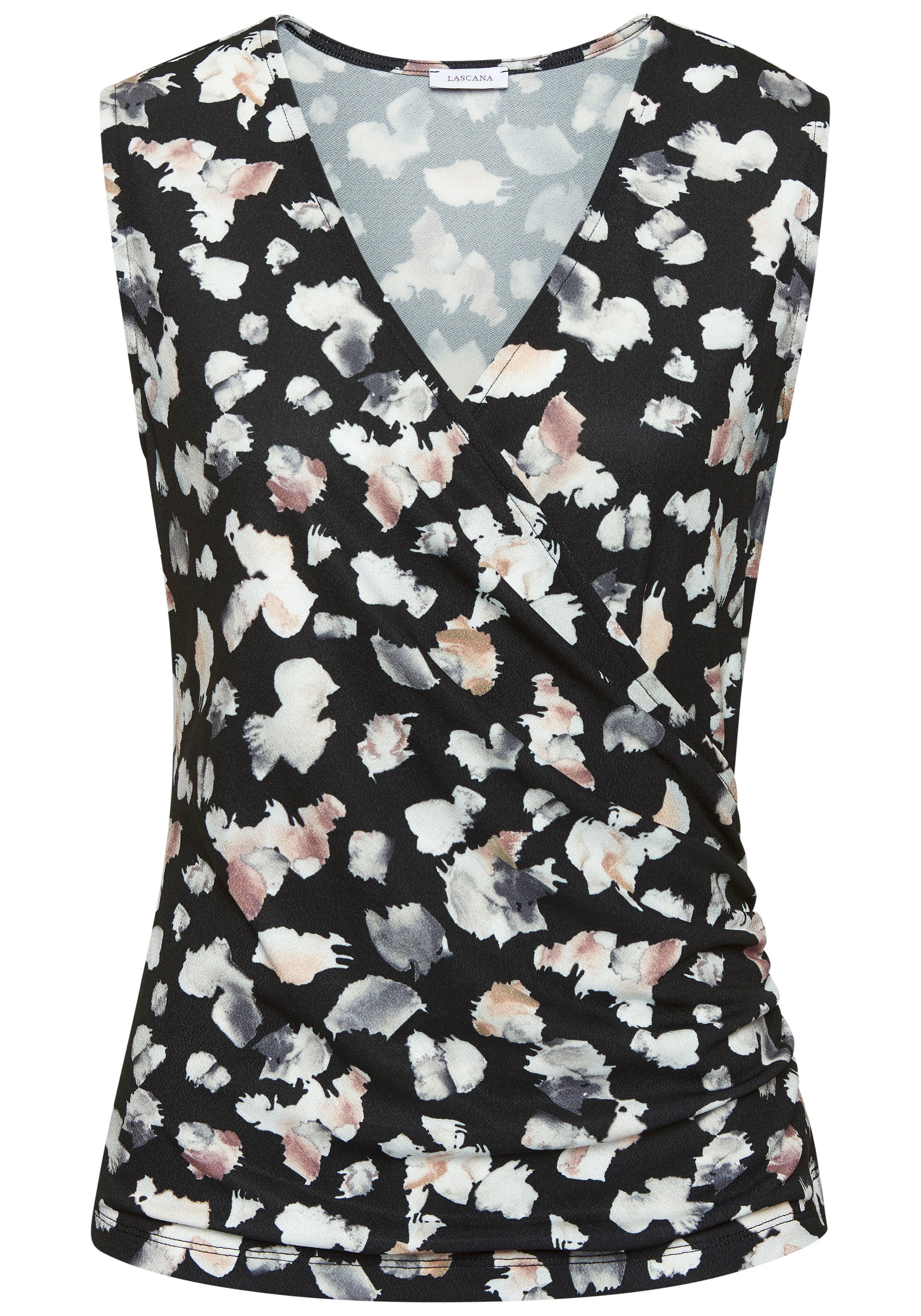 LASCANA Tanktop mit Ausschnitt in Wickeloptik und Alloverdruck Jerseytop aus Crepe-Ware, elegantes Top mit seitlicher Raffung, Party – Bild 2 von 5