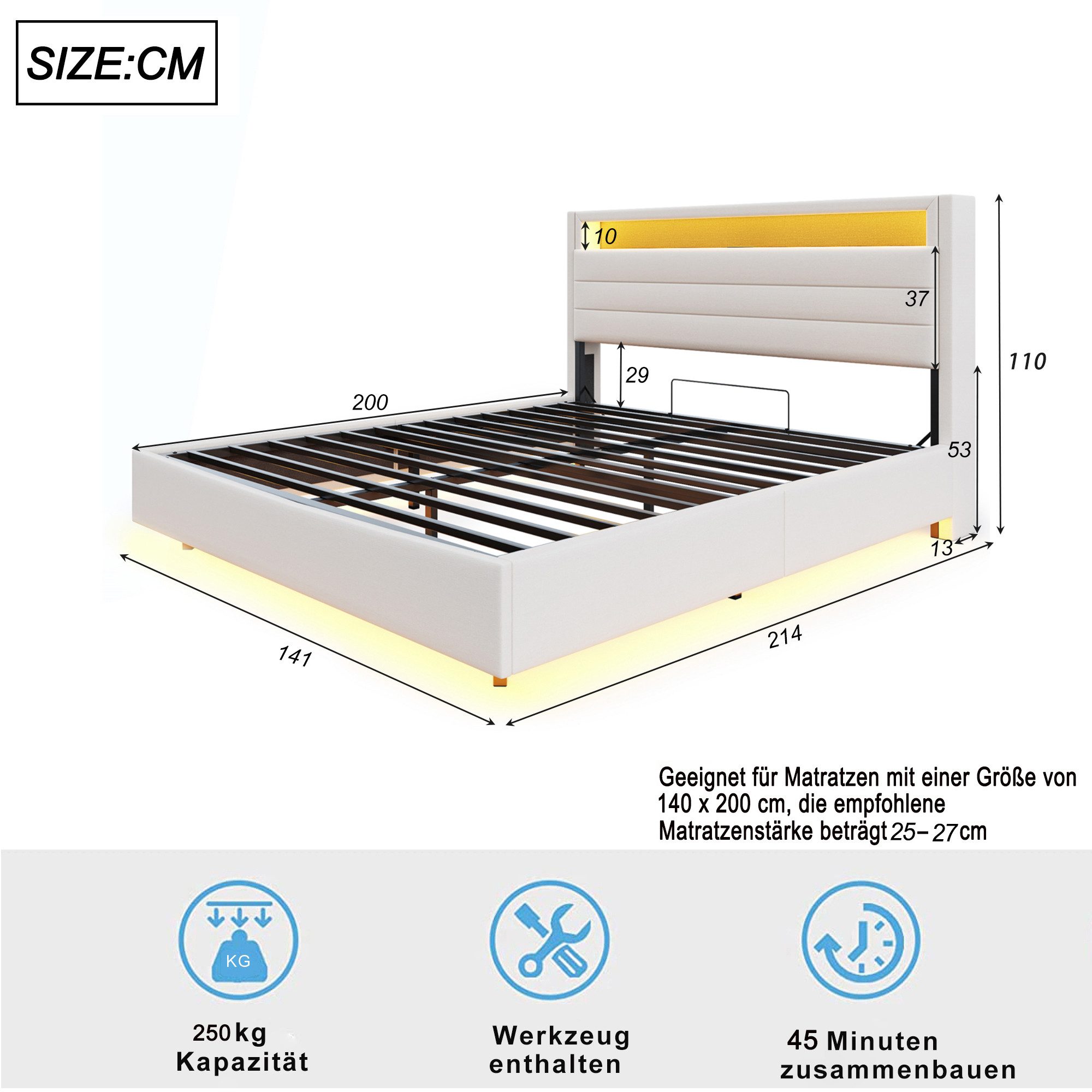 Flieks Polsterbett, LED hydraulisches Schwebebett Doppelbett 140x200cm mit günstig online kaufen