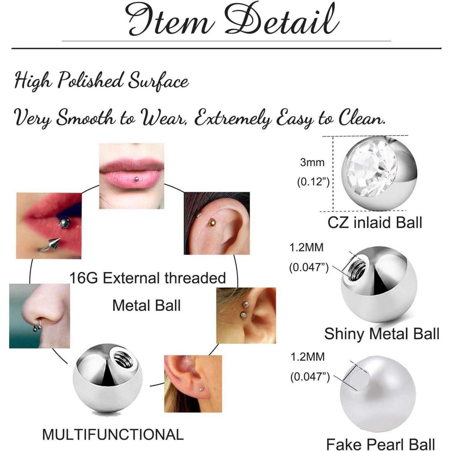 Besyvvin Piercing-Set 20er Piercing Kugeln Chirurgenstahl 1,2mm Ersatzkugeln 3mm für Lippe