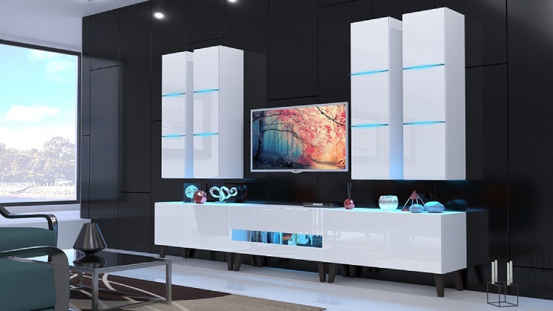 ROYAL24_MARKT Wohnwand Premium-Design: Moderne Wohnwand, (Komplett Set, 7-St., Premium Material), Premium-Qualität - Moderne Eleganz - LED-Beleuchtung Weiß | Wohnwände