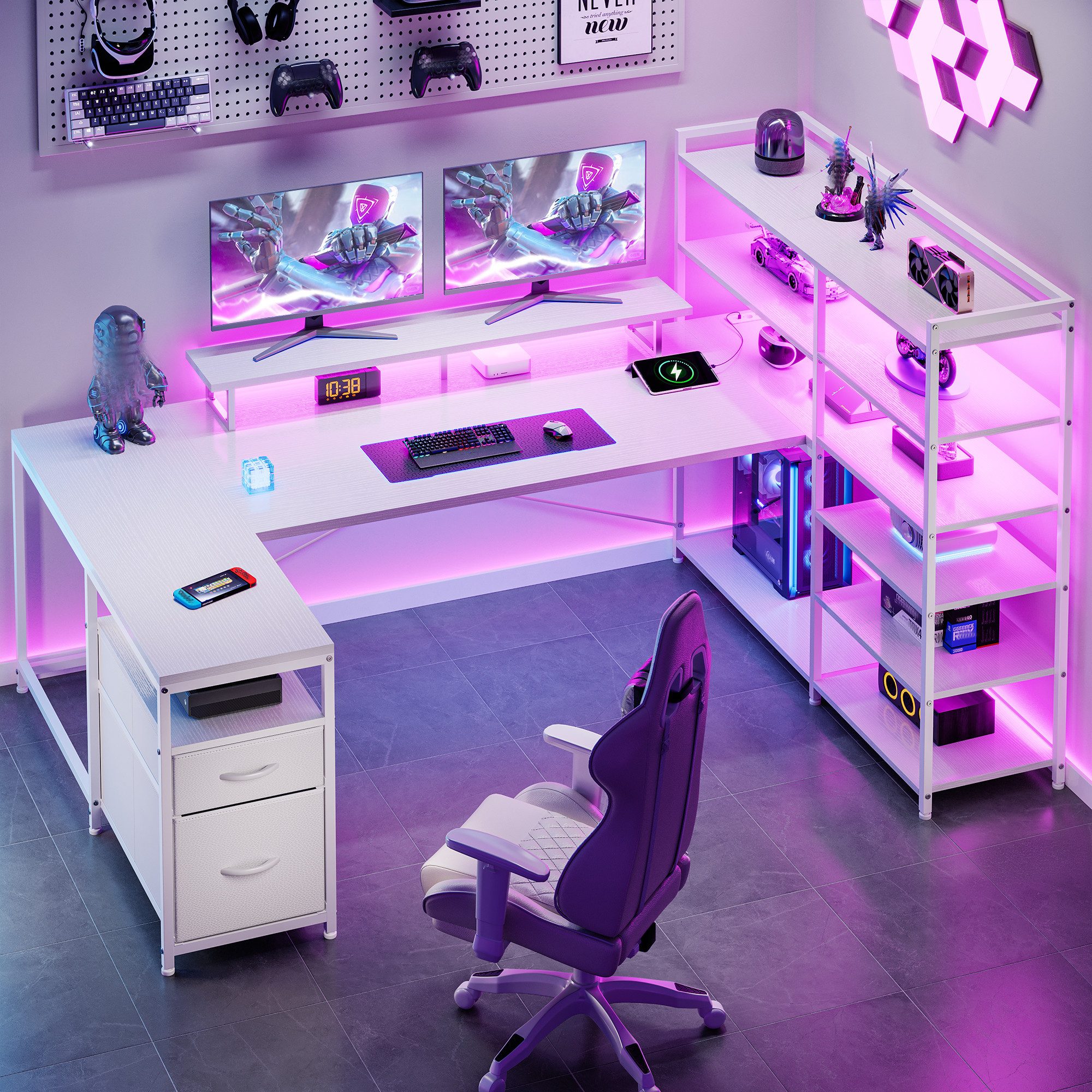 Klyvvo Eckschreibtisch U-Form Schreibtisch mit LED, 2 Schubladen & 6 Regalen (1-St., Monitorhalterung, Steckdosen), Großer Schreibtisch für Homeoffice, Studieren, Gaming