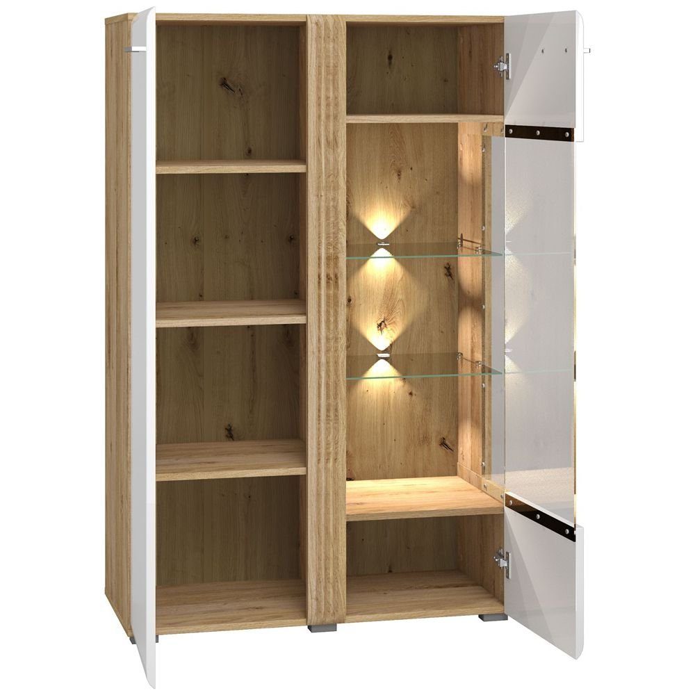 Lomadox Highboard AKRON-131, Vitrine in Eiche Nb mit weiß Hochglanz, B/H/T: günstig online kaufen