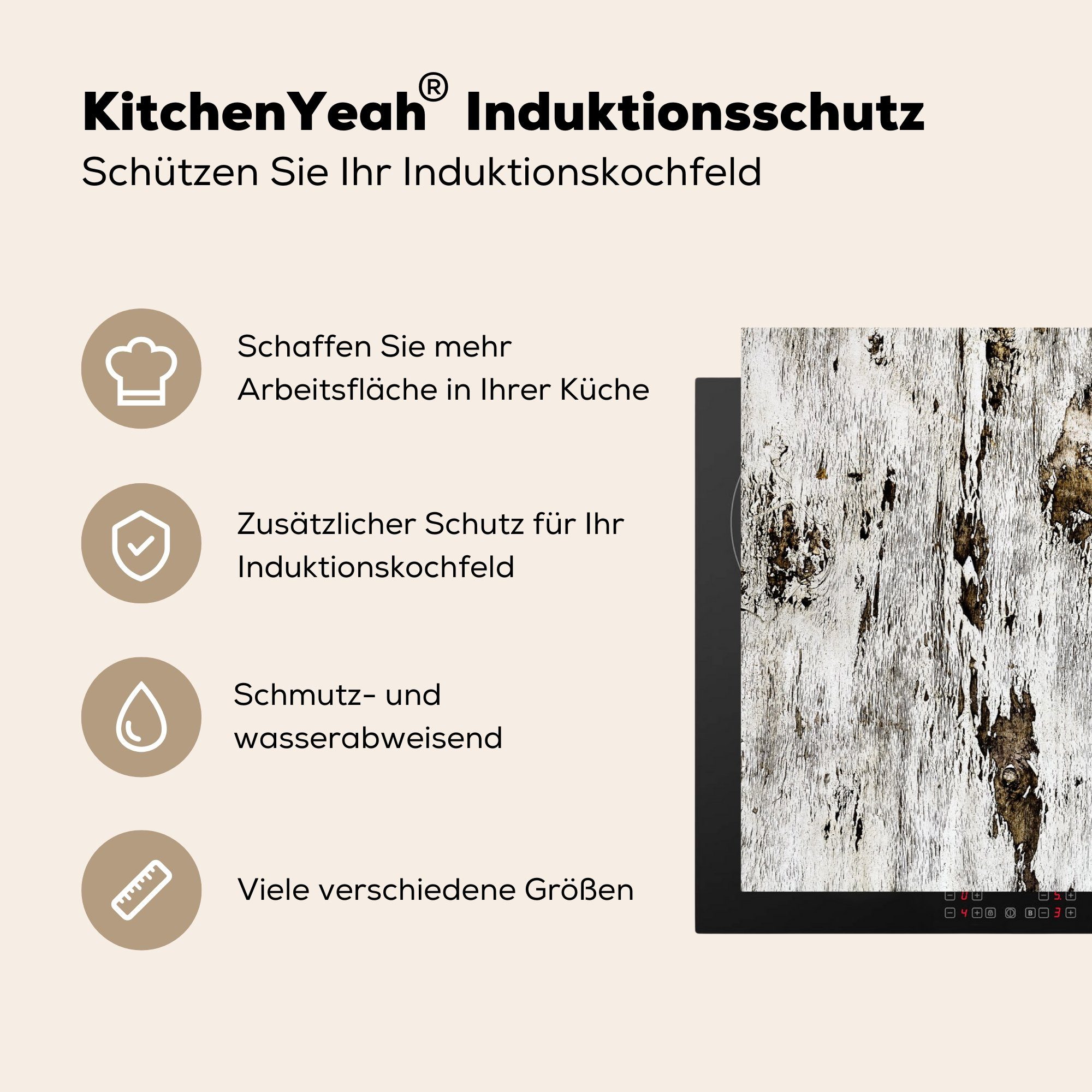 Holz, Weiß Schutz für Birke - die (1 81x52 Vinyl, Herdblende-/Abdeckplatte MuchoWow tlg), Ceranfeldabdeckung küche, Induktionskochfeld cm, -
