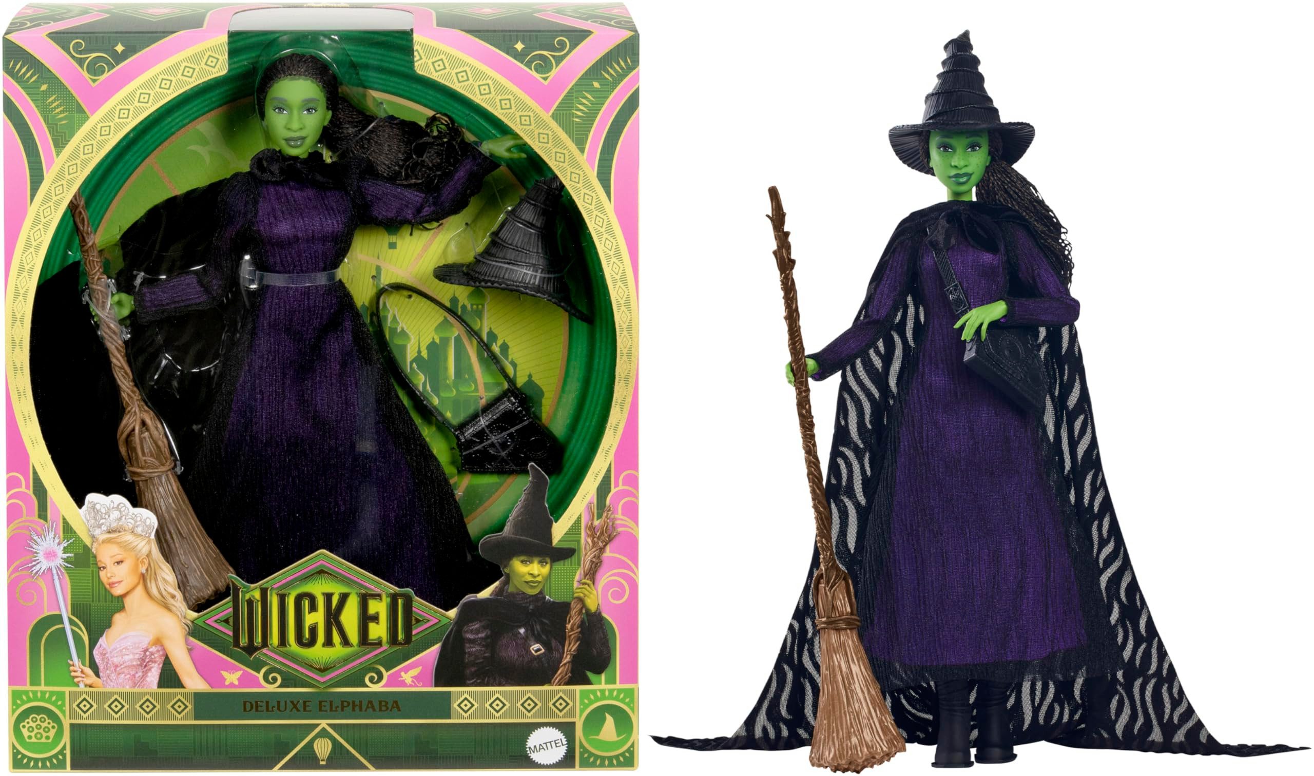 Mattel® Anziehpuppe Wicked Elphaba Deluxe-Modepuppe vom Film inspirierter Look HXY38 (HXY38), Filmgetreue Elphaba aus „Wicked“ mit geflochtenem Haar und 11 beweglic