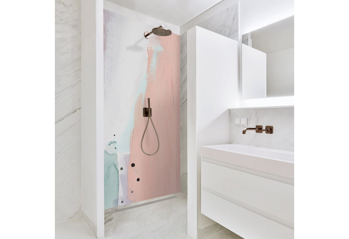Thumbnail - Bilderdepot24 Duschrückwand Abstrakt rosa Duschrückwand ohne Bohren Dusche Kunst Motiv, (1-tlg., 0,61 mm starke Folie se...