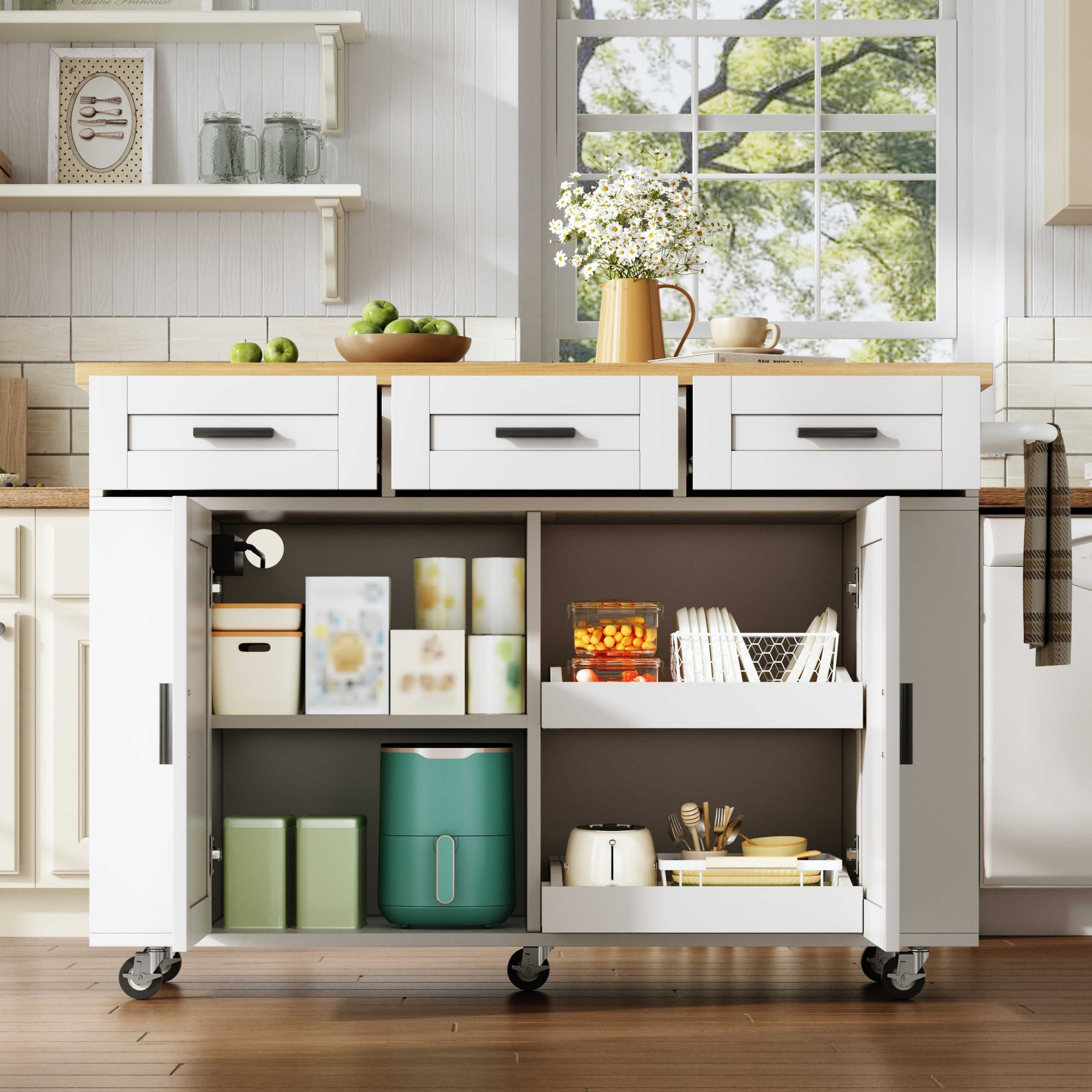 BlingBin Kücheninsel Küchenwagen,Stauraumschrank,Buffetschrank mit klappbarer Arbeitsplatte, (2 Packung), mit Ausziehbarer Schrank-Organizer, Schublade, Steckdosen und Rollen