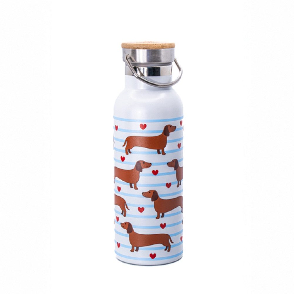Sass & Belle Isolierflasche Wasserflasche 70`s Floral - Sausage Dog Dackel, Edelstahl ca. Ø 7,2 x 22 cm, für 500 ml
