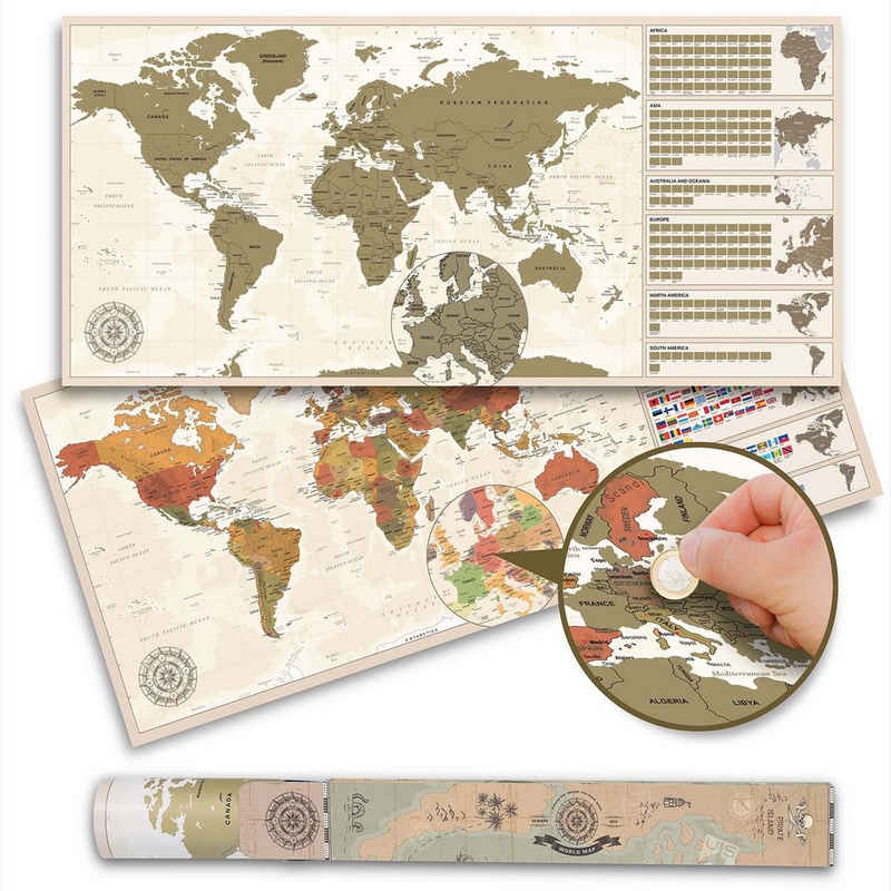Goods+Gadgets Poster »Scrape Off World Map«, Vintage (Weltkarte zum frei Rubbeln), Rubbel Landkarte 100 x 45 cm