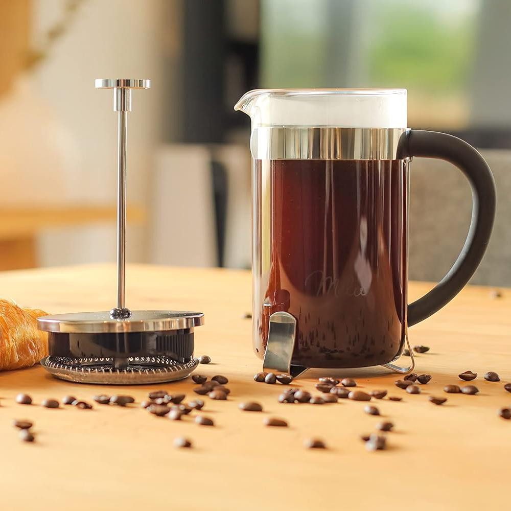 Milu French Press Kanne, 350l Kaffeekanne, Edelstahl/Glas, Kaffeebereiter, Kaffeepresse, Silber