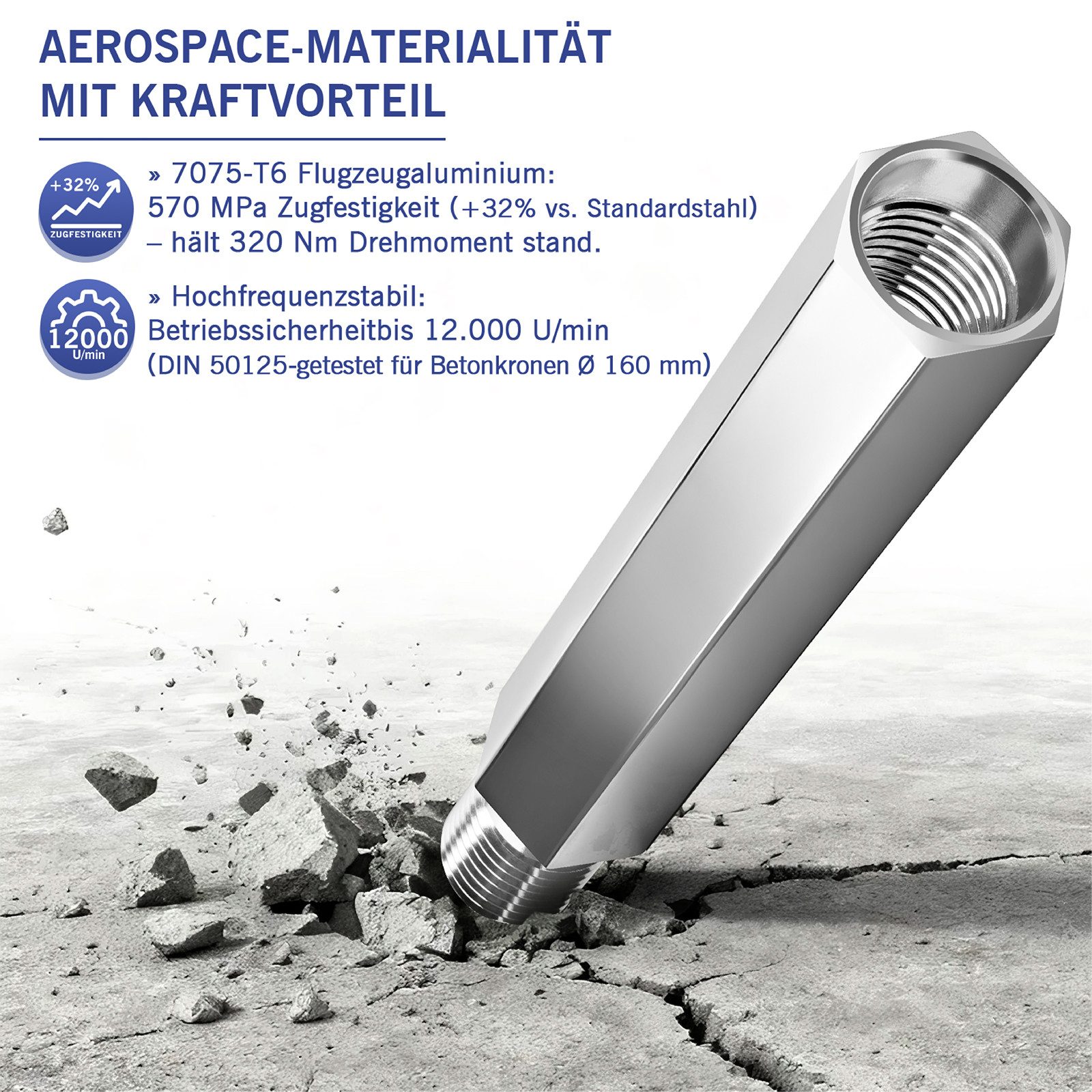 XERSEK Verlängerungsrohr UNC 1 1/4 Verlängerung, Bohrkronen Verlängerungsstange für Kernbohrer, (200-500mm, Aus 7075-T6 Flugzeugaluminium mit 41mm SW, Max 12.000 U/min), Sechskantverlängerung Bohrkrone für Diamantbohrkrone