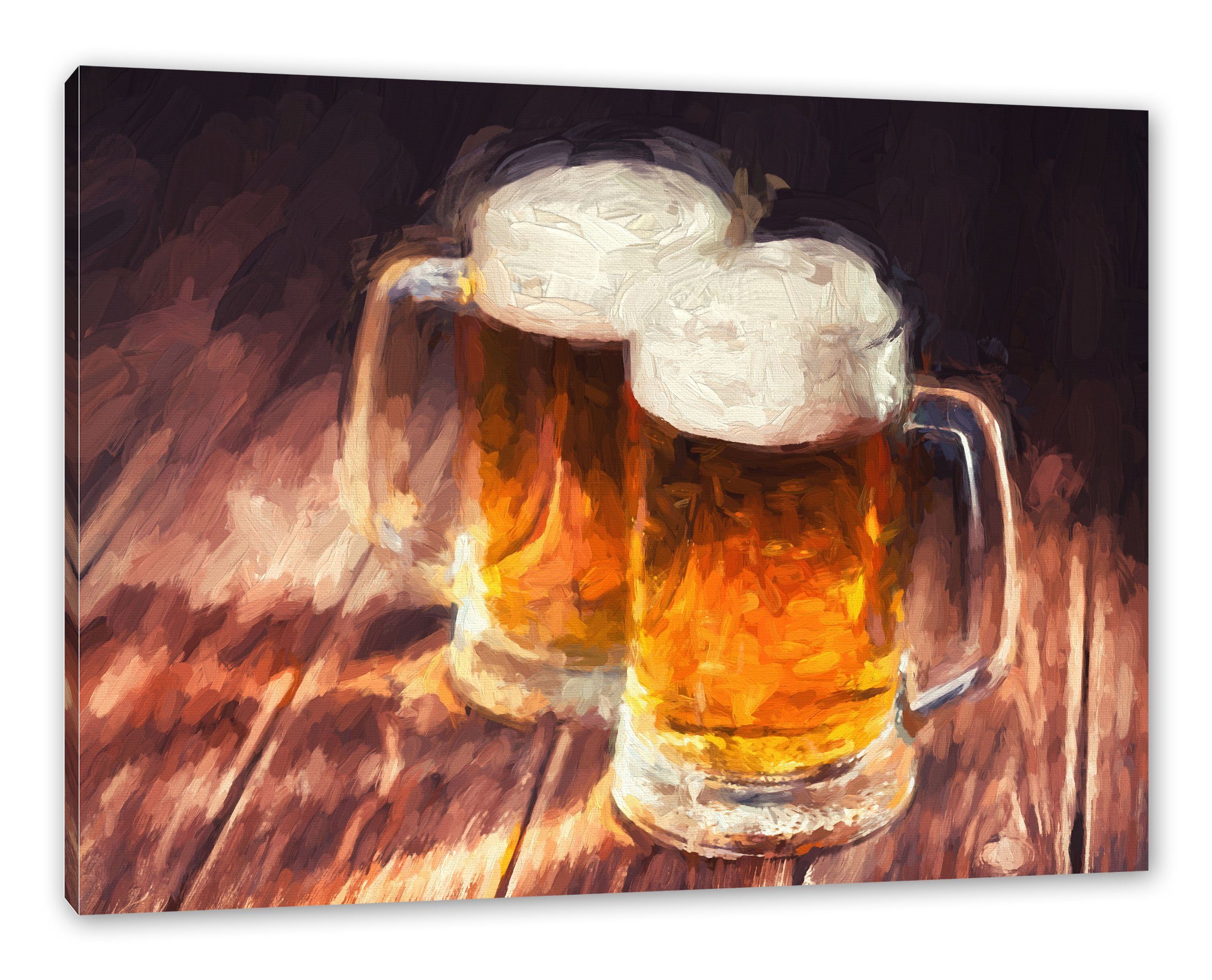 Leinwandbild fertig Maßkrüge Bier Zwei Bier, Pixxprint bespannt, (1 Maßkrüge Zackenaufhänger Zwei St), inkl. Leinwandbild