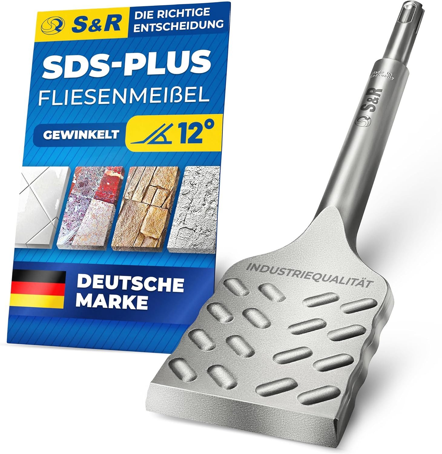 S&R Spatmeißel Hochleistungs - Fliesenmeißel SDS plus 250 mm x 50 mm abgewinkelt, 250 in mm, für SDS PLUS, (Made in Germany) Industrie-Qualität, optimierte Geometrie für Fliesen und Fliesenkleber
