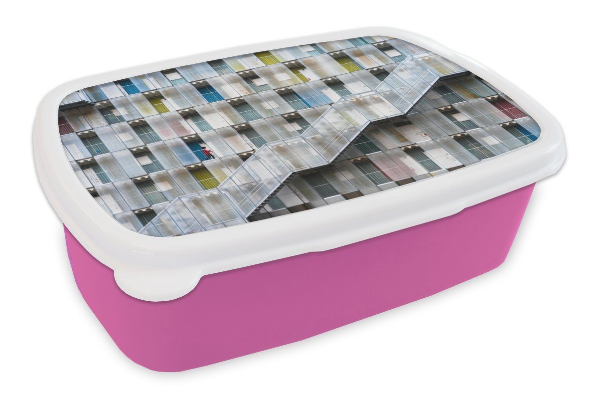 MuchoWow Lunchbox Türen - Wohnungen - Treppen - Farbenfroh, Kunststoff, (2-tlg), Brotbox für Erwachsene, Brotdose Kinder, Snackbox, Mädchen, Kunststoff rosa