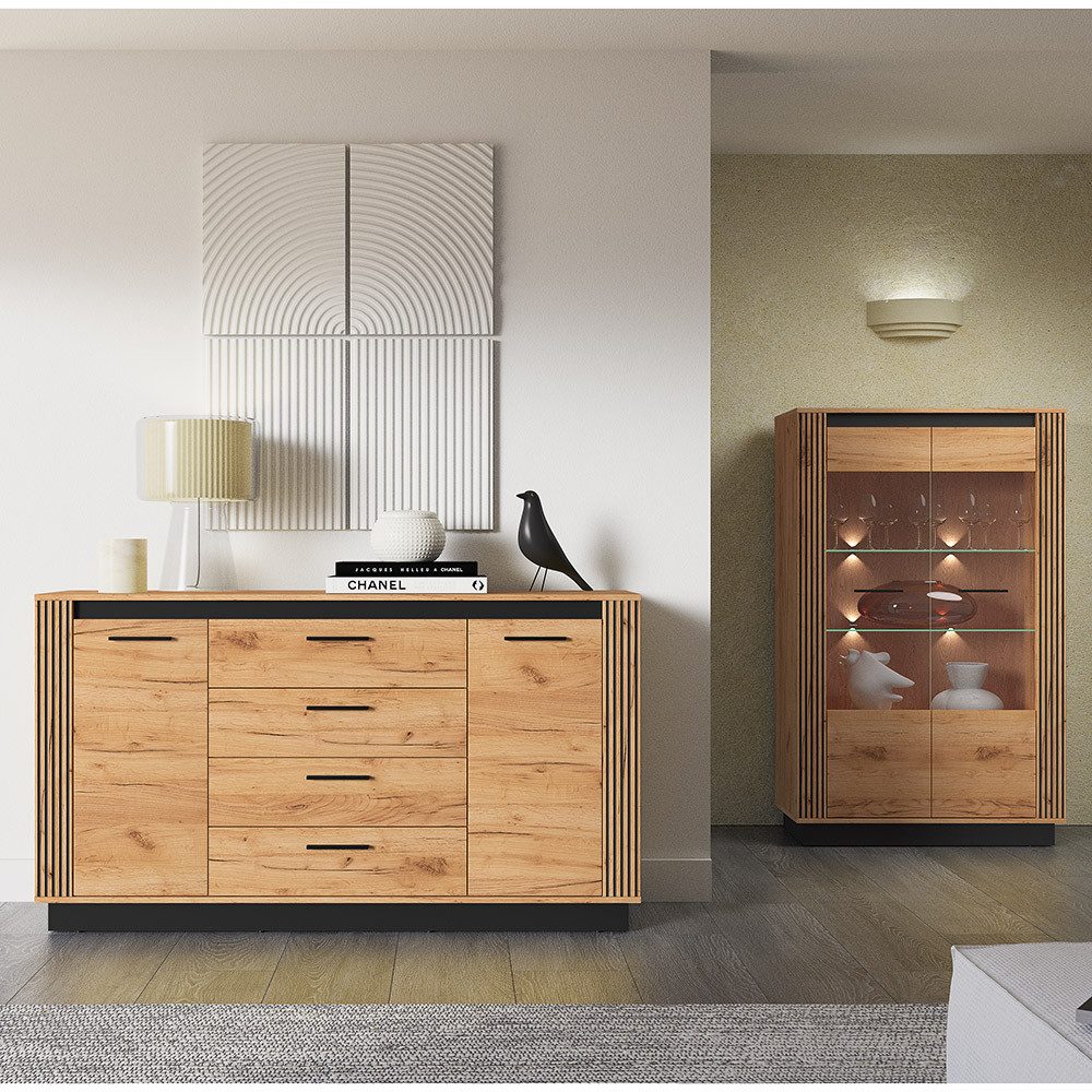 Lomadox Wohnzimmer-Set URBANIA-131, (Mega-Spar-Set, 2-St., Kommode Vitrinenschrank), Wohnzimmer Set Sideboard Vitrine mit Beleuchtung in Eiche mit schwarz