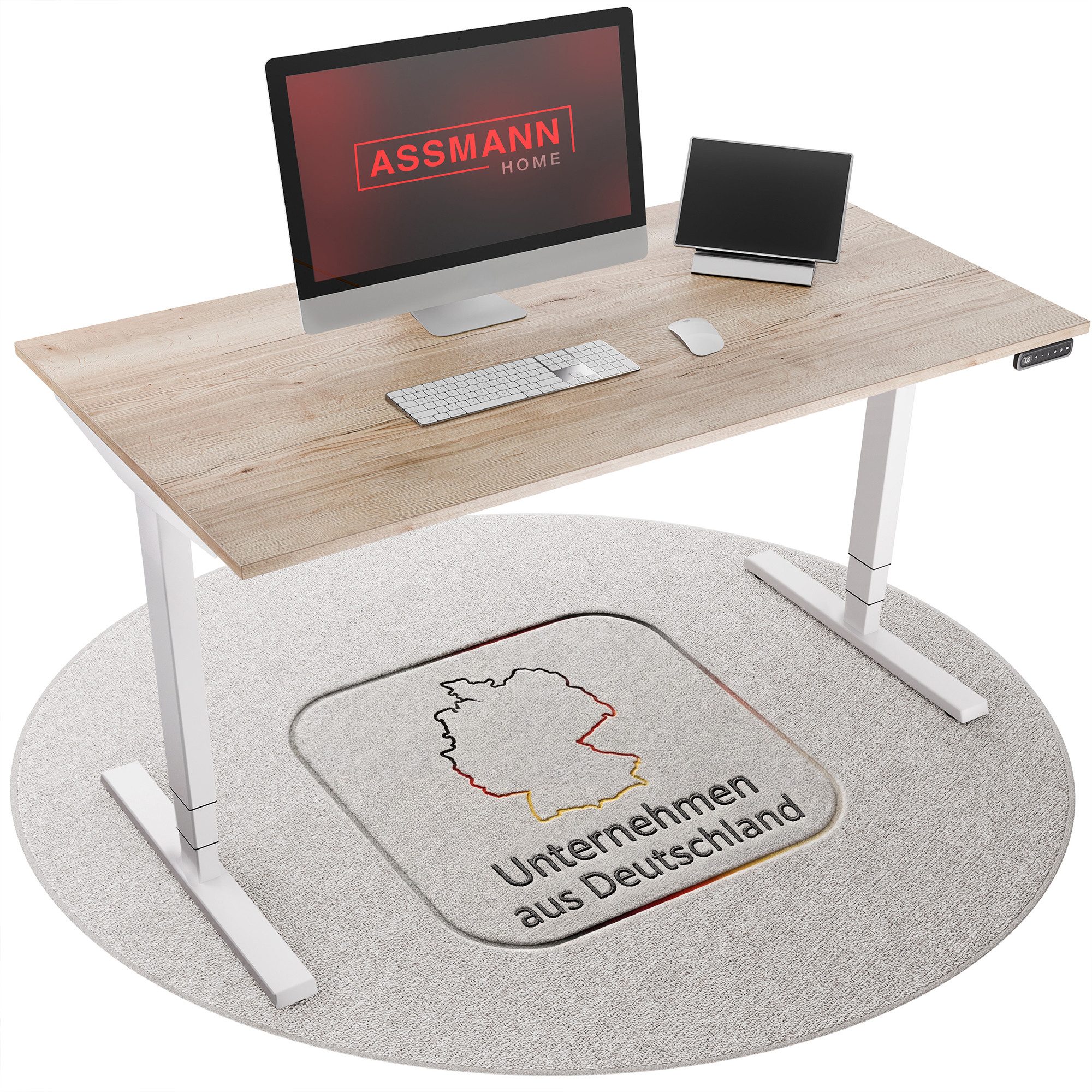ASSMANN Büromöbel Schreibtisch Y-LINE (180x80cm Weiß Eiche Natura Kollisions-Schutz, Elektrisch höhenverstellbar, Kindersicherung 2-fach-Motorik Doppelhub, einfache Montage, für Büro und Homeoffice), TÜV-zertifiziert, Blauer Engel, 5 Jahre Herstellergarantie
