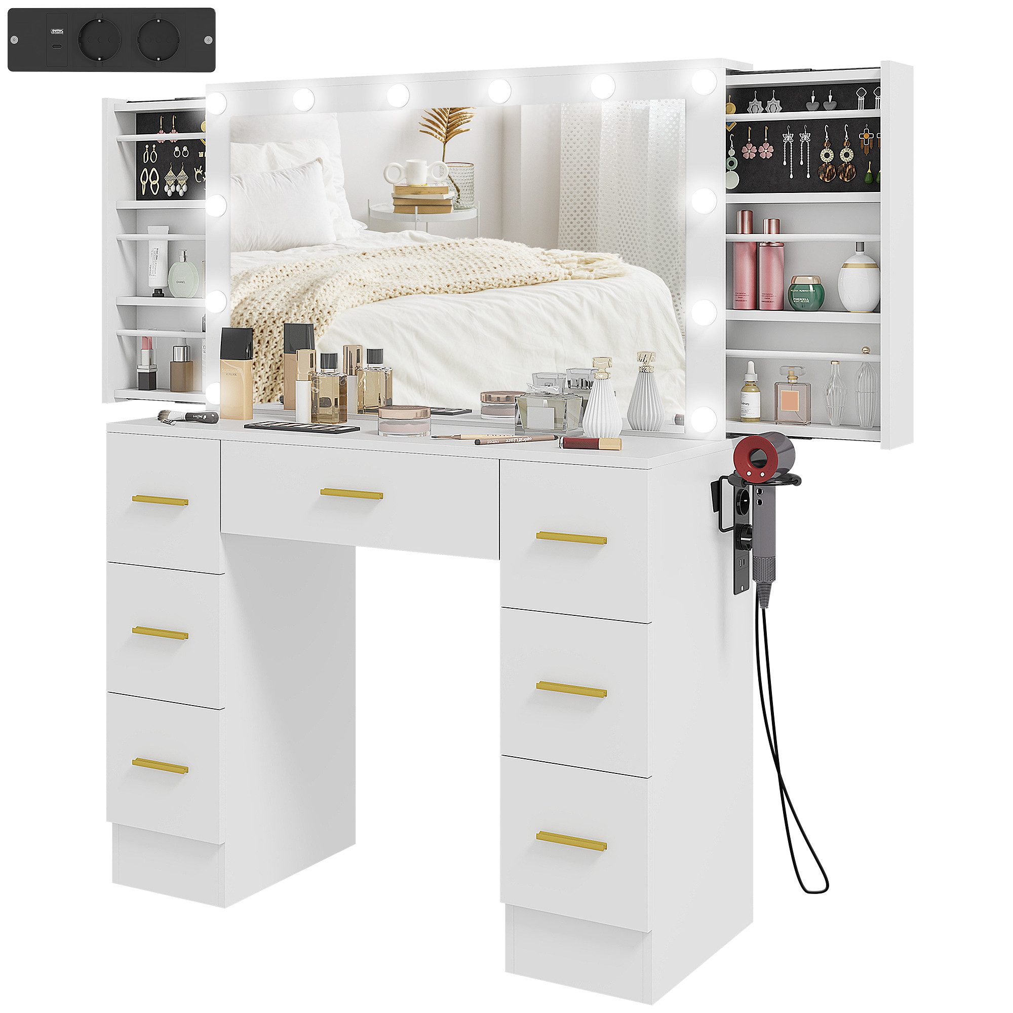 HOMCOM Schminktisch mit 12 LED-Leuchten, Spiegel (Frisiertisch, 1-St., Kosmetiktisch), mit 7 Schubladen, 6 versteckten Schiebefächern, für Schlafzimmer, Weiß