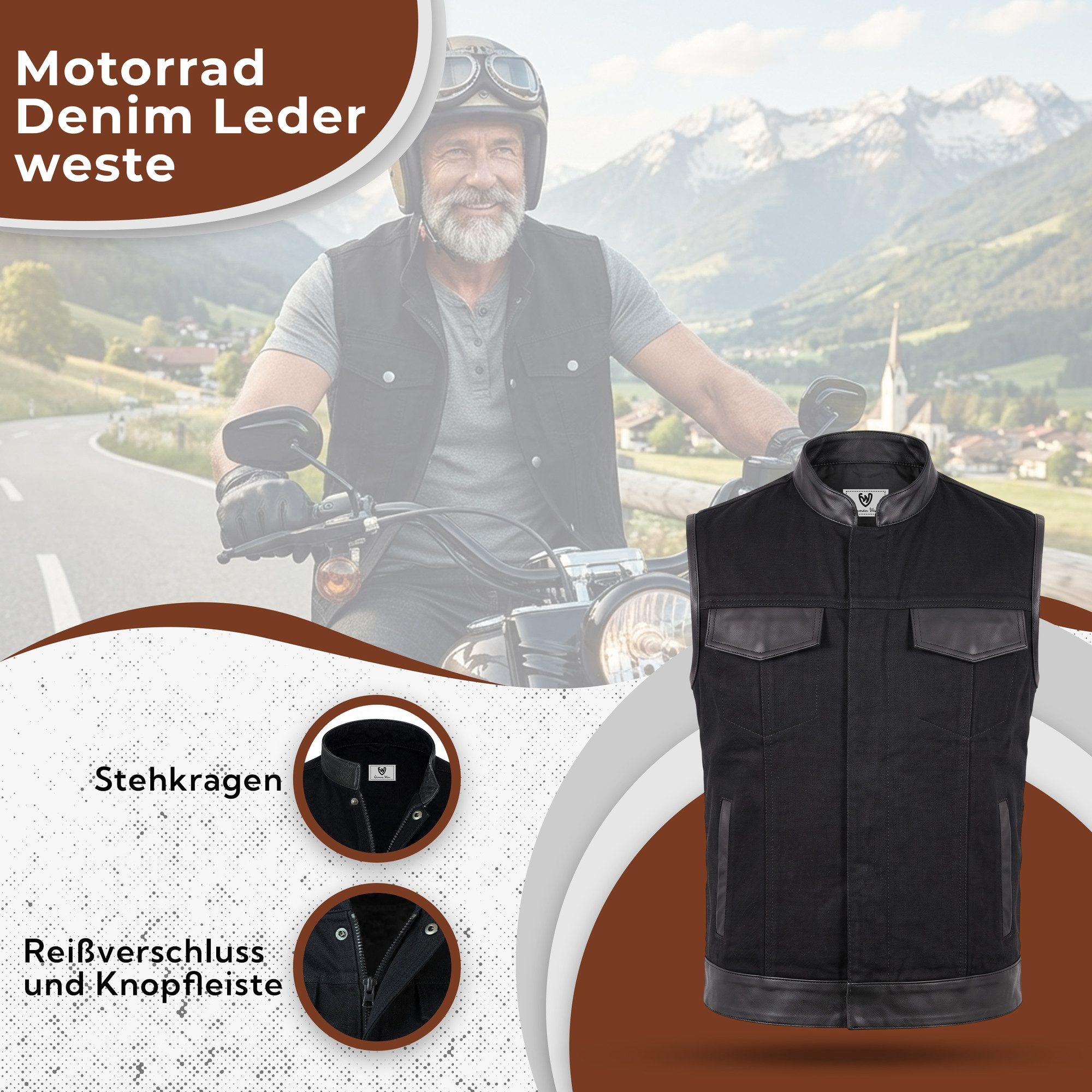 German Wear Motorradweste GW691 Denim+Leder Motorrad Biker Jeansweste Motorradweste Weste schwarz – Bild 2 von 5