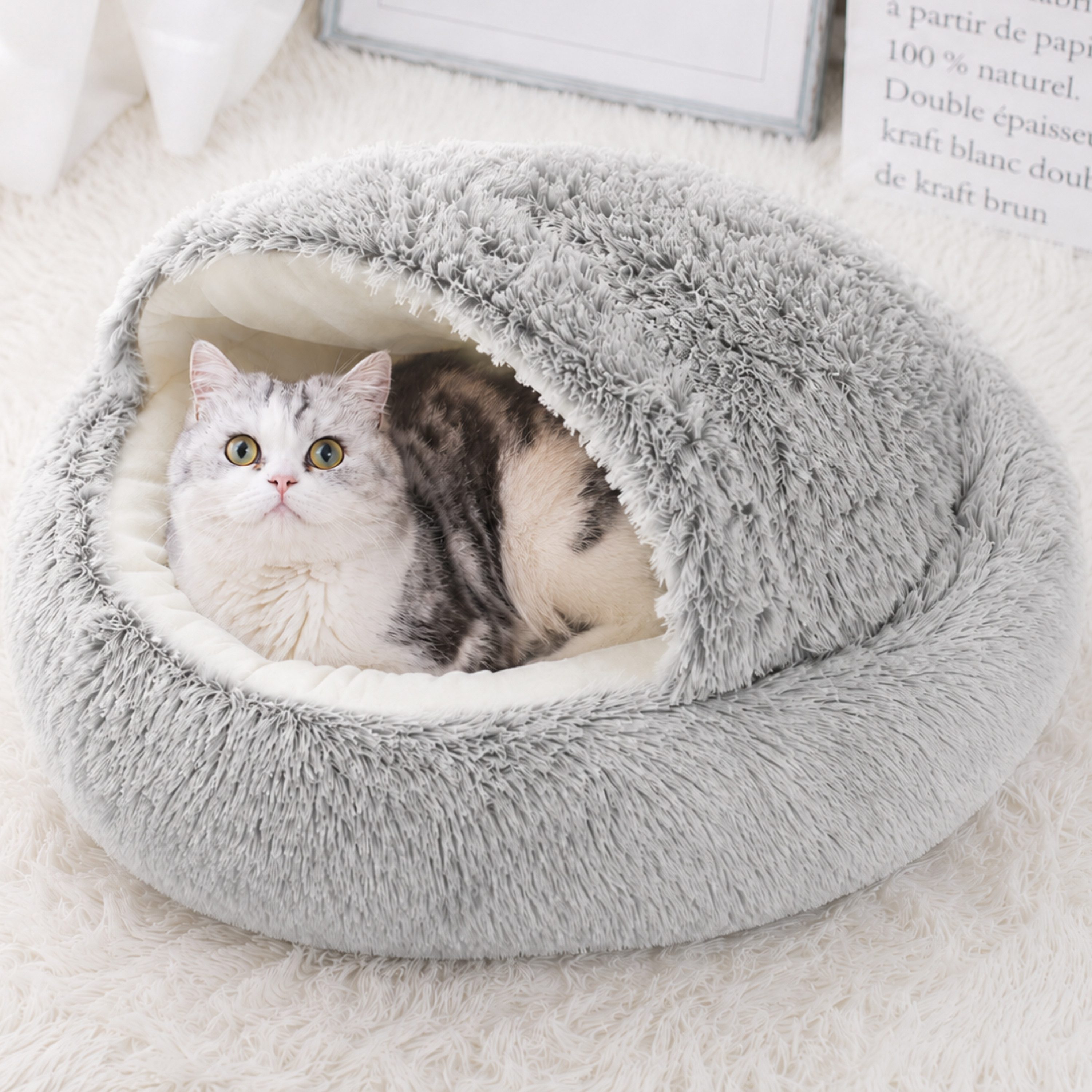StellarLuma Katzenhaus Katzenhöhle Katzenhaus Katzenbett 40 cm Plüsch Schlafplatz grau 2-in-1, 2-in-1 Katzenhöhle aus Plüsch mit warmem Schlafnest für Katzen