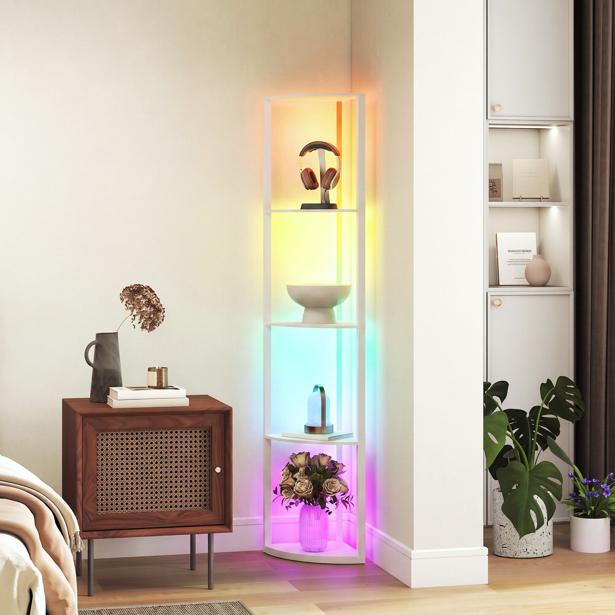 HOMCOM Stehlampe LED 5-stufig dimmbare Stehleuchte mit Regal, RGB Farbwechsel, RGB-Beleuchtung, Fernbedienung, LED, RGB, RGB-LED, Fernbedienung, 5 Ablagen