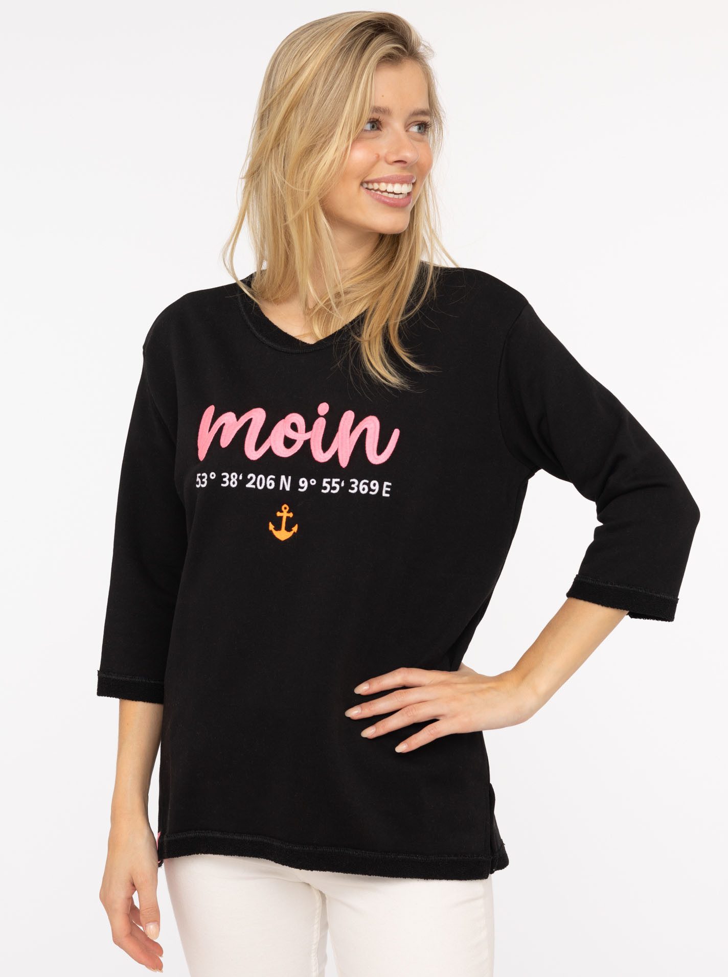 Zwillingsherz 3/4-Arm-Shirt "Moin" mit Moin Stickerei und Anker, ausgefranste Kanten