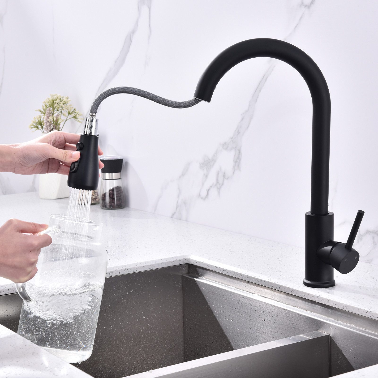 HOMELODY Spültischarmatur Hochdruck Wasserhahn Küche 360° Küchenarmatur mit Ausziehbarer